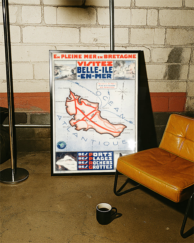 Vintage Bretagne Insel Poster mit Karte – Belle Ile en Mer Poster – FineArt Wandbild, moderne Kunst & Fine Art Print von Spawnd, handgefertigt & Made in Germany