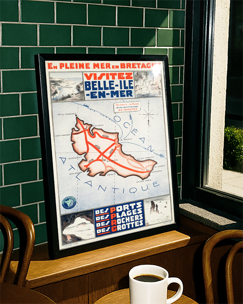 Vintage Bretagne Insel Poster mit Karte – Belle Ile en Mer Poster – FineArt Wandbild, moderne Kunst & Fine Art Print von Spawnd, handgefertigt & Made in Germany