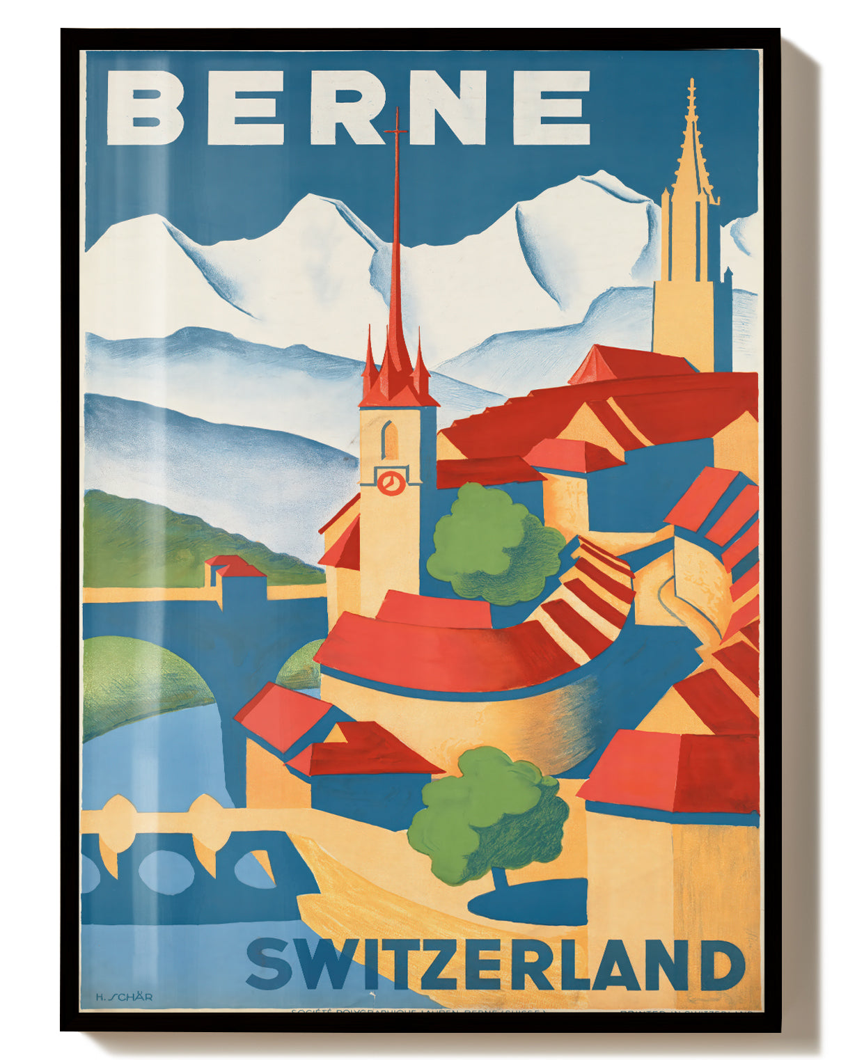 Vintage Bern Schweiz Poster – Alpen & Altstadt Poster – FineArt Wandbild, moderne Kunst & Fine Art Print von Spawnd, handgefertigt & Made in Germany