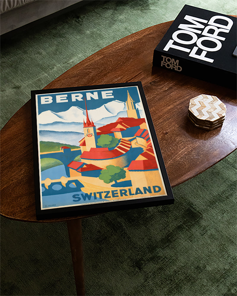 Vintage Bern Schweiz Poster – Alpen & Altstadt Poster – FineArt Wandbild, moderne Kunst & Fine Art Print von Spawnd, handgefertigt & Made in Germany