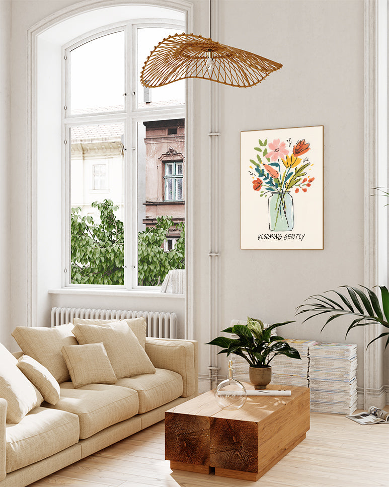 Blumen Poster mit Spruch – Blooming Gently Poster – FineArt Wandbild, moderne Kunst & Fine Art Print von Spawnd, handgefertigt & Made in Germany