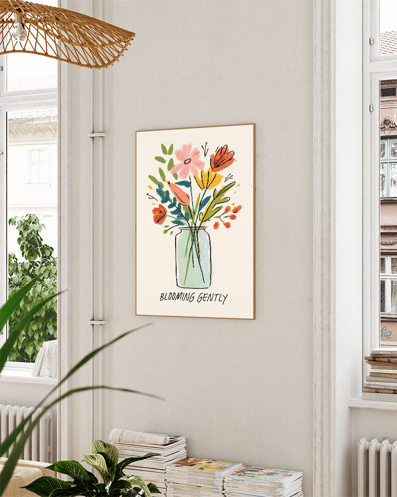 Blumen Poster mit Spruch – Blooming Gently Poster – FineArt Wandbild, moderne Kunst & Fine Art Print von Spawnd, handgefertigt & Made in Germany
