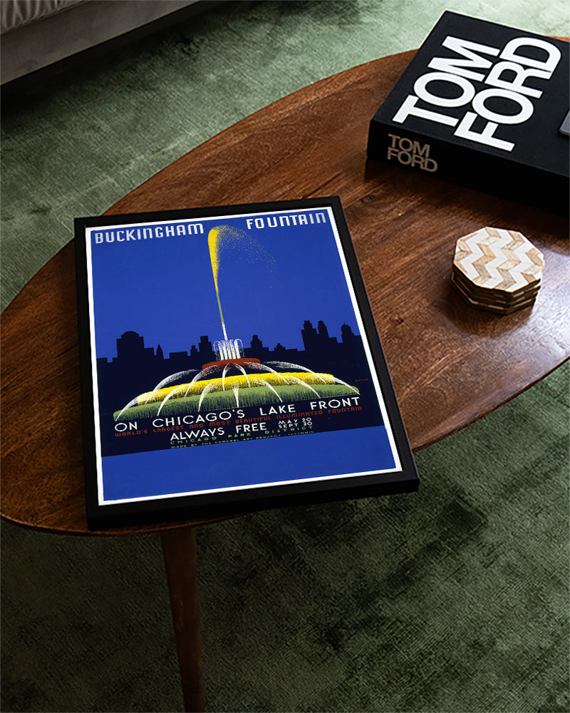 Vintage Chicago Poster – Buckingham Fountain Lakefront Poster – FineArt Wandbild, moderne Kunst & Fine Art Print von Spawnd, handgefertigt & Made in Germany