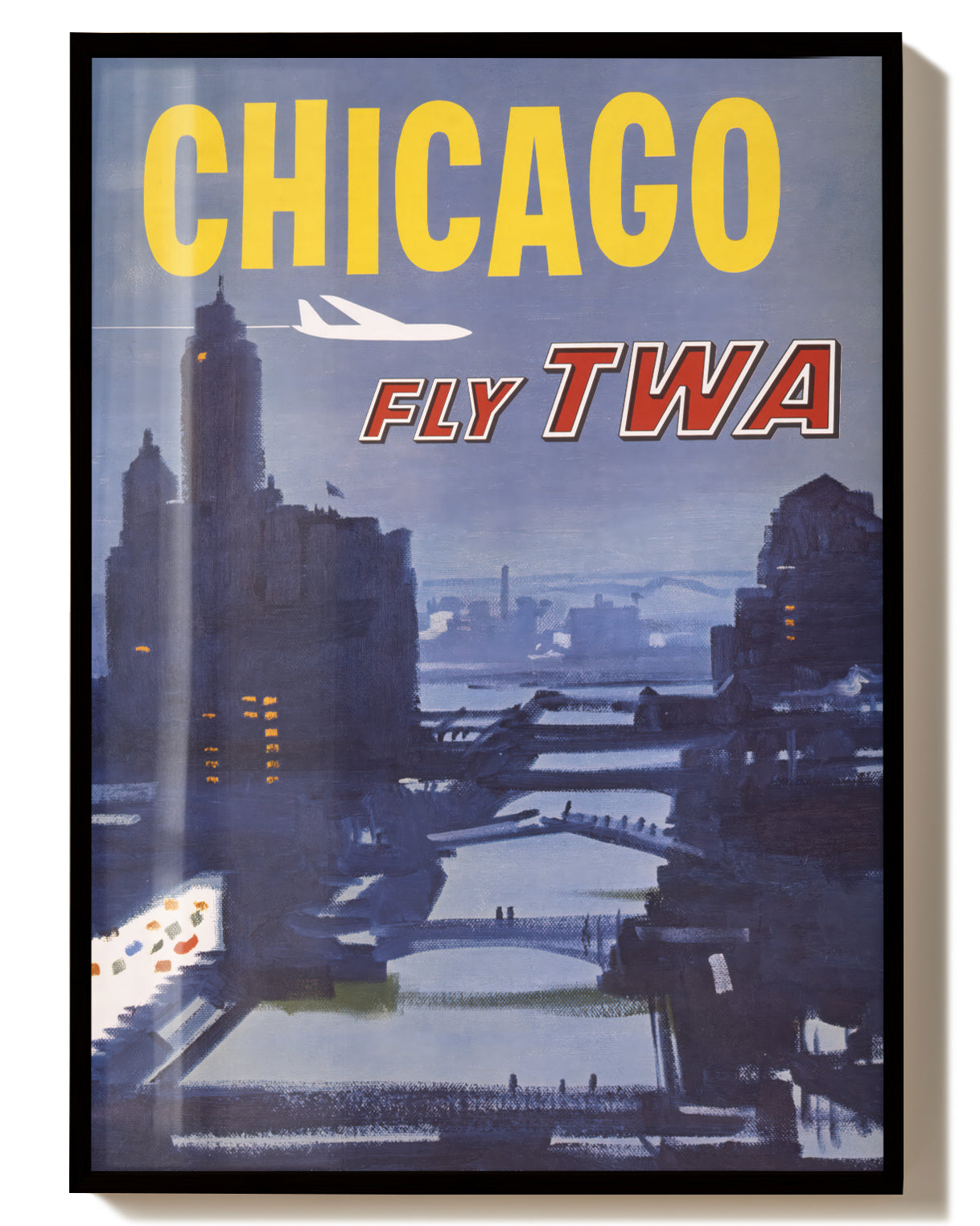 Vintage Chicago Skyline Flugreise Poster – Chicago Fly TWA Poster – FineArt Wandbild, moderne Kunst & Fine Art Print von Spawnd, handgefertigt & Made in Germany
