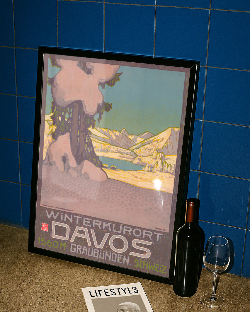 Vintage Davos Schweiz Winter Poster mit Alpen – Davos Winterkurort Poster – FineArt Wandbild, moderne Kunst & Fine Art Print von Spawnd, handgefertigt & Made in Germany