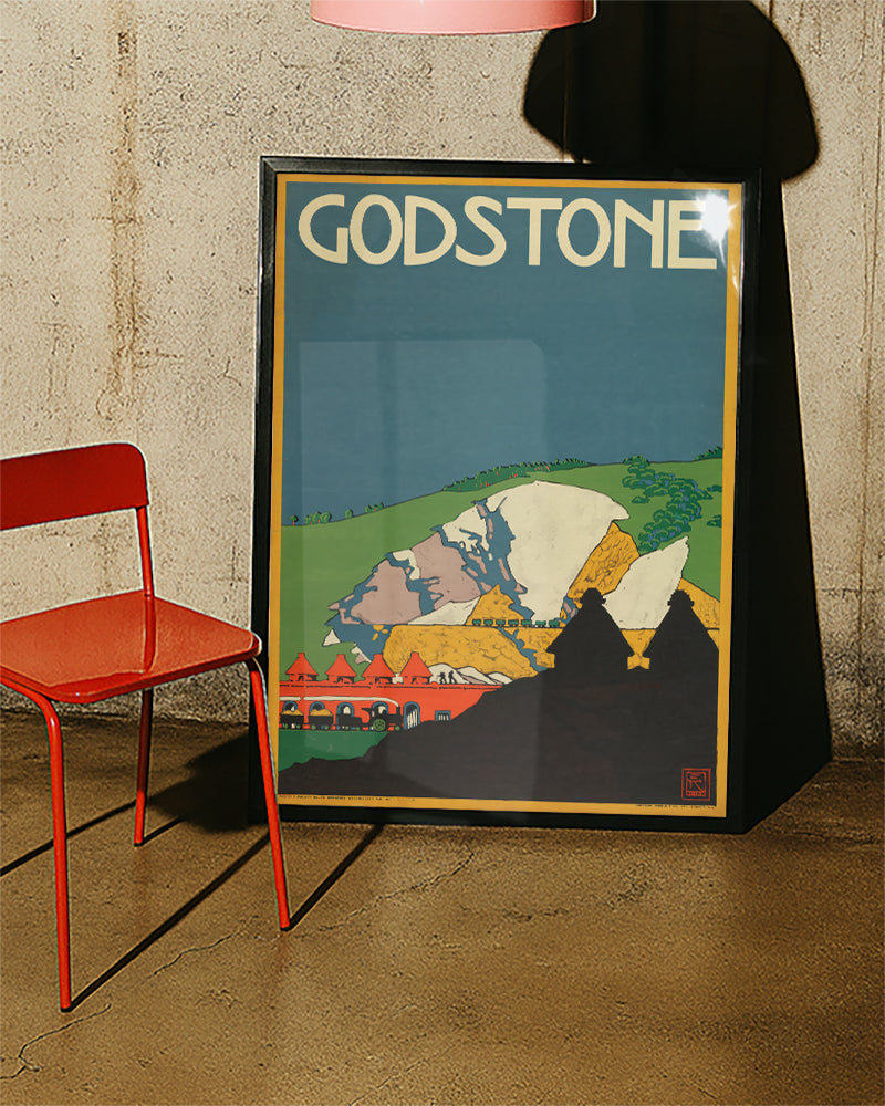 Vintage England Landschaft Poster mit Kreidefelsen – Godstone Poster – FineArt Wandbild, moderne Kunst & Fine Art Print von Spawnd, handgefertigt & Made in Germany