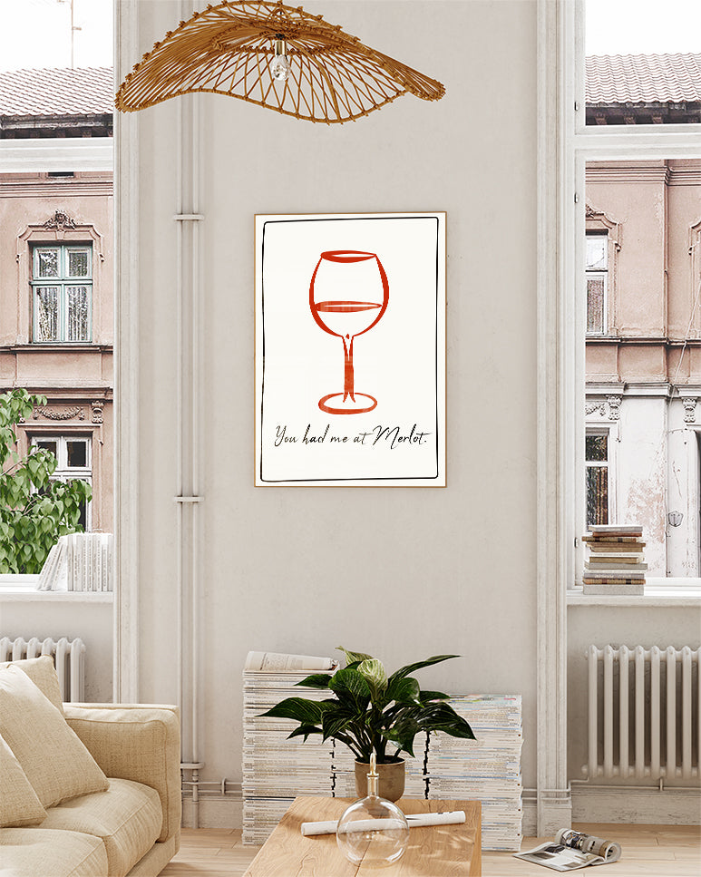 Typografie & Illustration Wein Poster – You had me at Merlot Poster – FineArt Wandbild, moderne Kunst & Fine Art Print von Spawnd, handgefertigt & Made in Germany