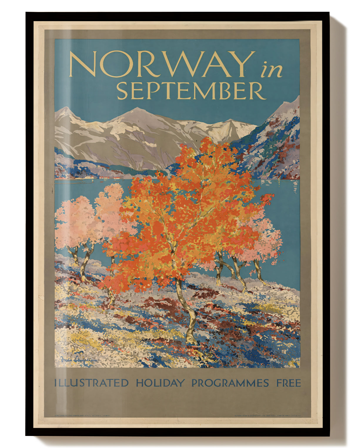 Skandinavisches Vintage Reiseplakat Poster – Norway in September Poster – FineArt Wandbild, moderne Kunst & Fine Art Print von Spawnd, handgefertigt & Made in Germany