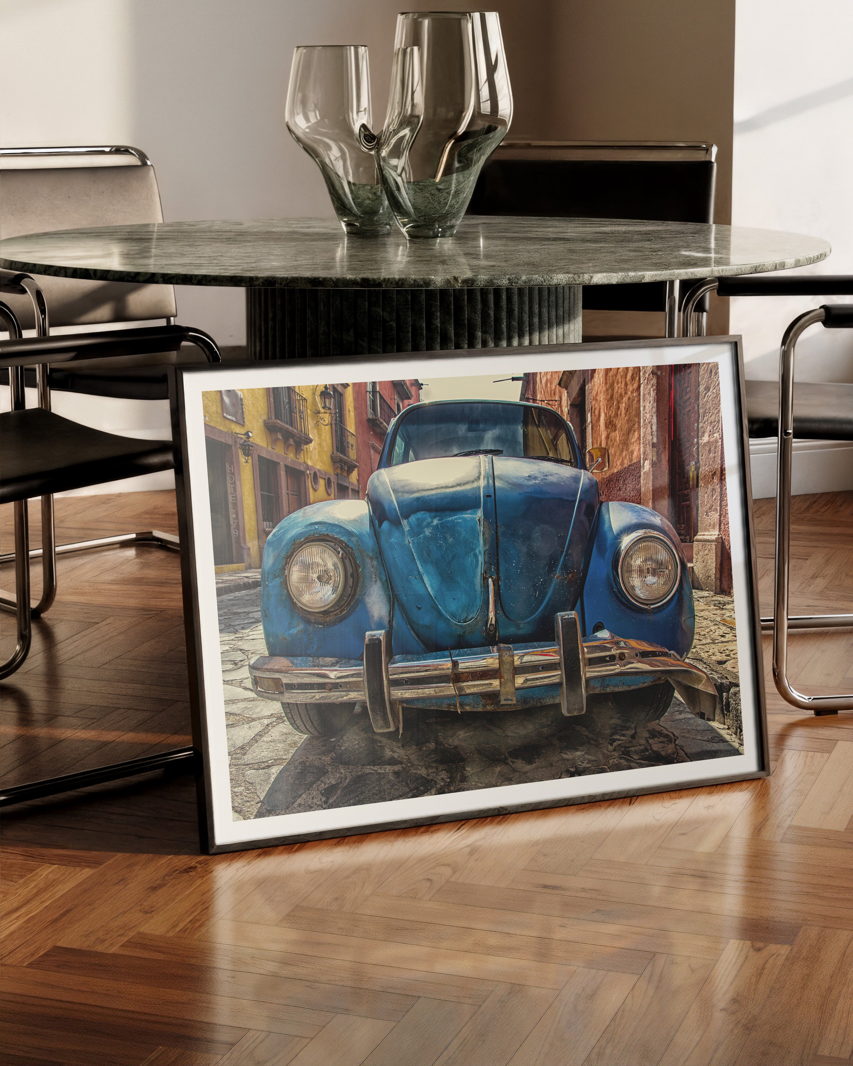 Beetle blau Poster – FineArt Wandbild, moderne Kunst & Fine Art Print von Spawnd, handgefertigt & Made in Germany