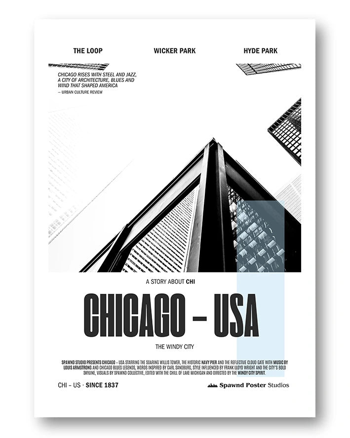 Chicago Poster – FineArt Wandbild, moderne Kunst & Fine Art Print von Spawnd, handgefertigt & Made in Germany