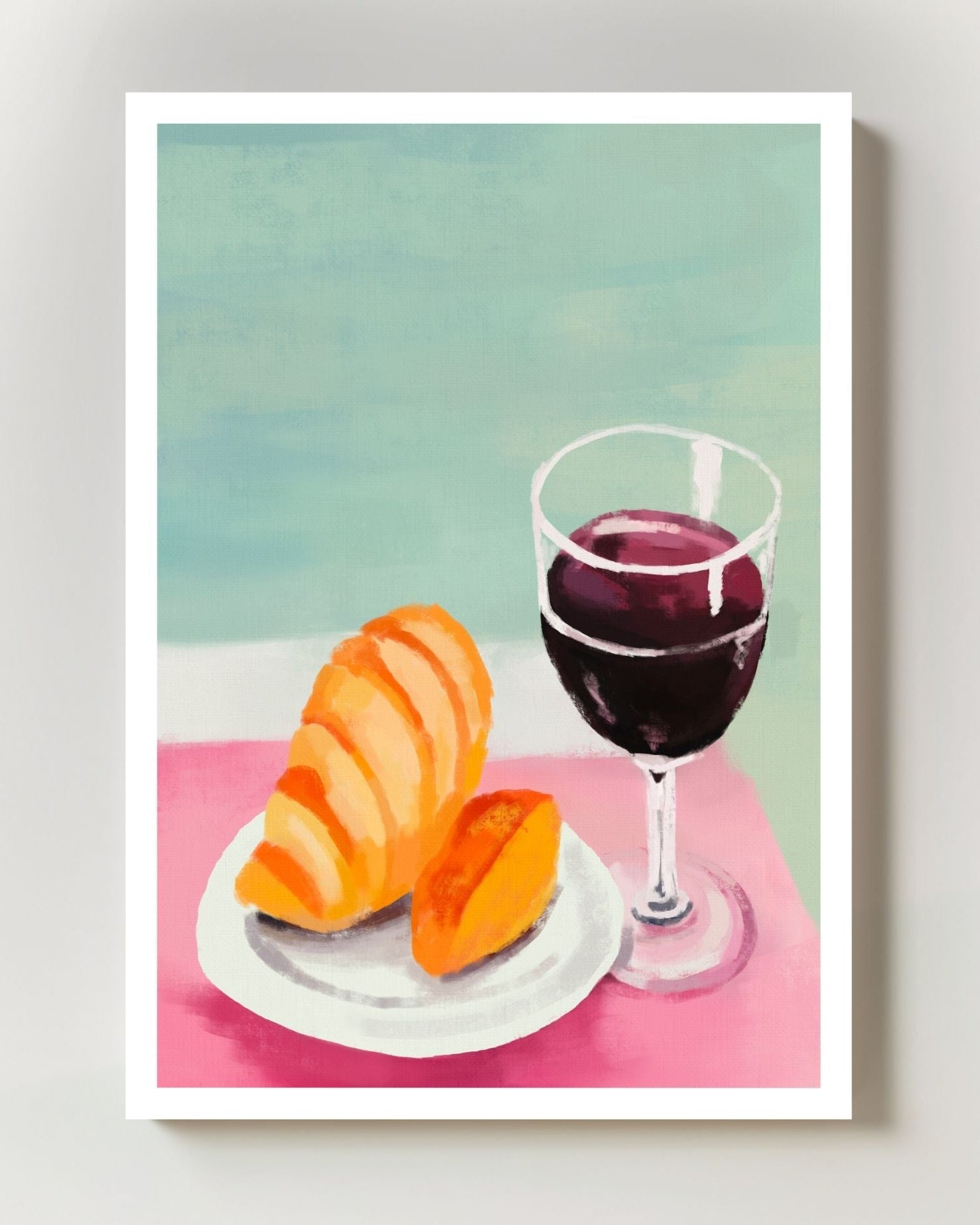 Croissant and Wine Poster – FineArt Wandbild, moderne Kunst & Fine Art Print von Spawnd, handgefertigt & Made in Germany