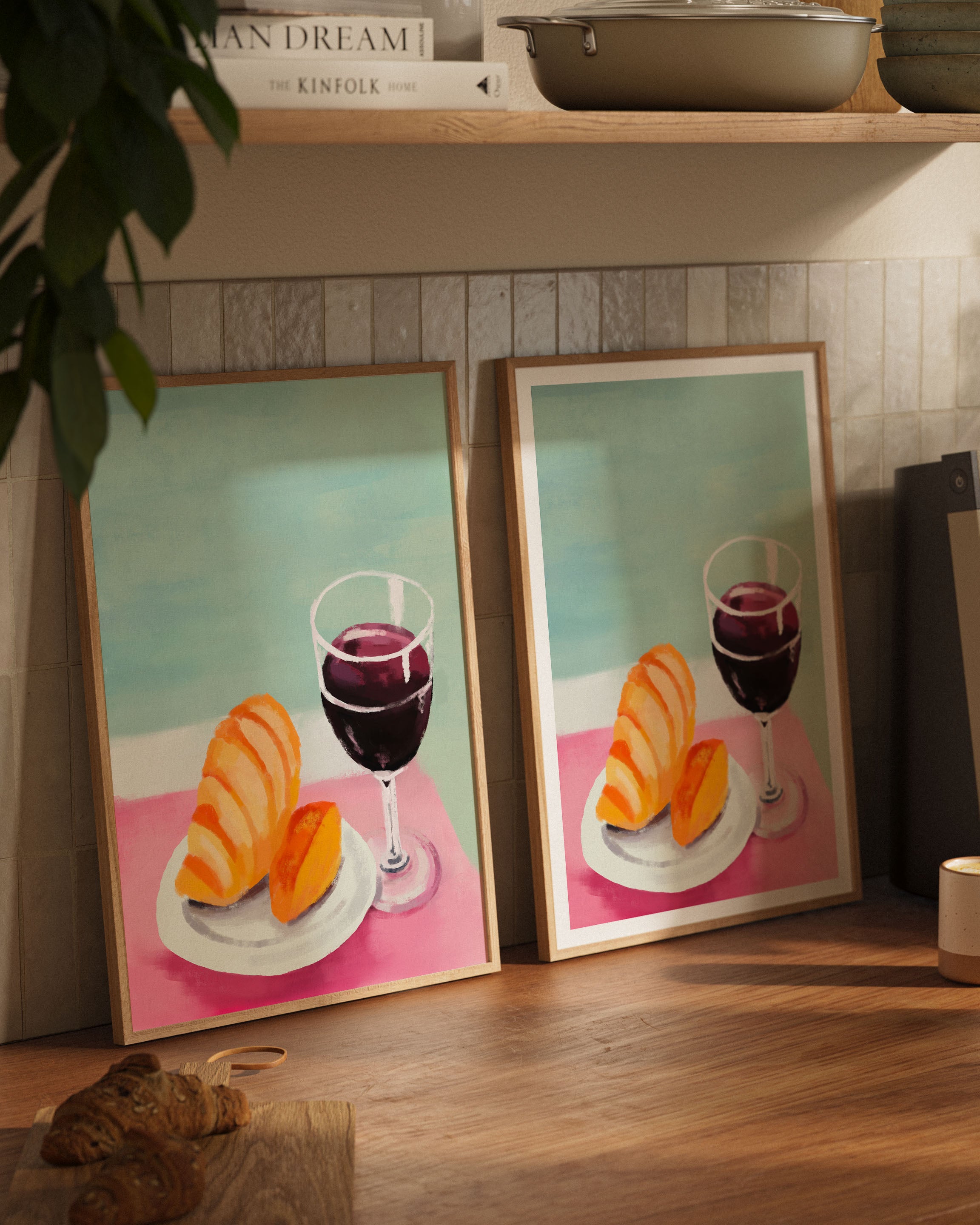 Croissant and Wine Poster – FineArt Wandbild, moderne Kunst & Fine Art Print von Spawnd, handgefertigt & Made in Germany