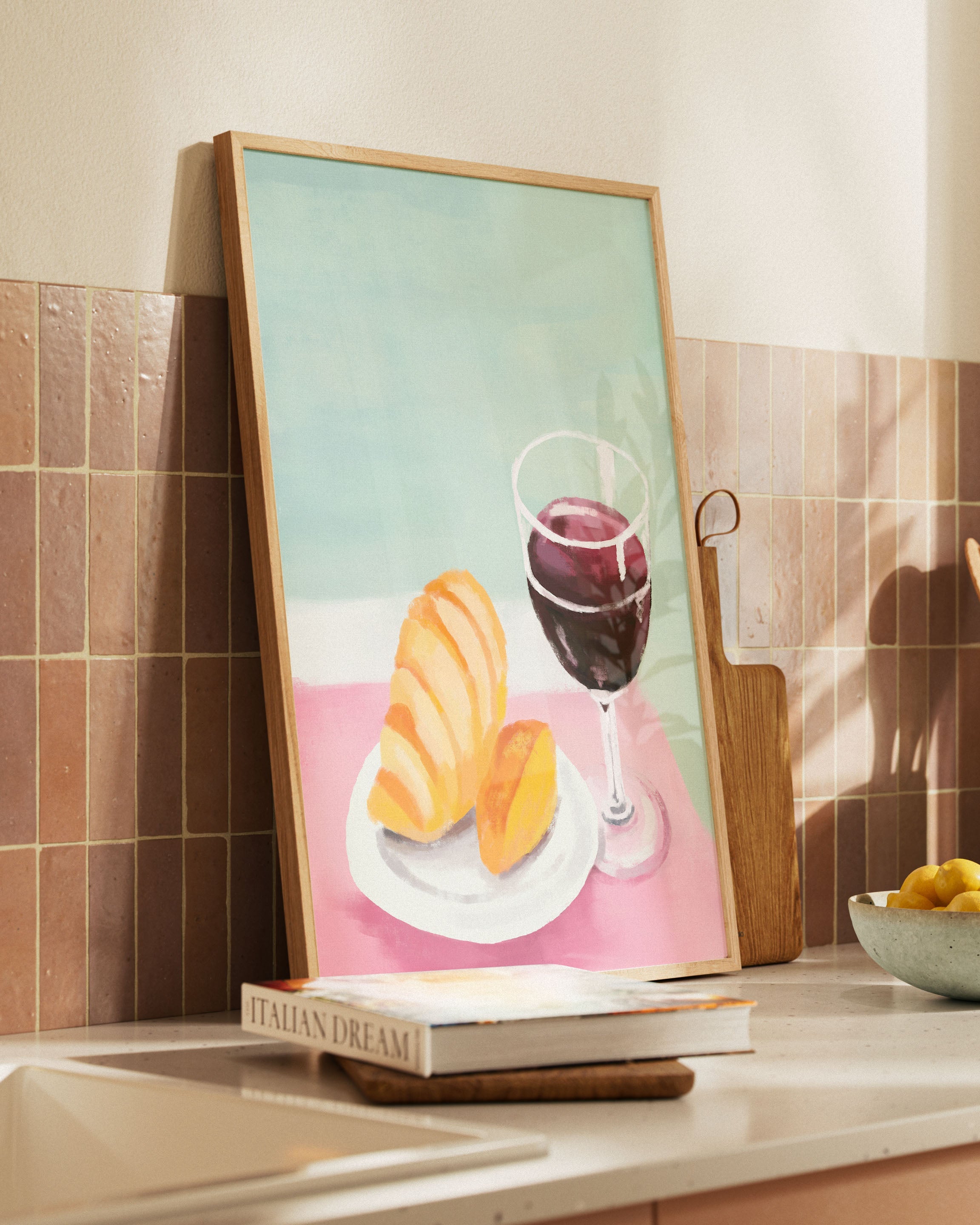 Croissant and Wine Poster – FineArt Wandbild, moderne Kunst & Fine Art Print von Spawnd, handgefertigt & Made in Germany