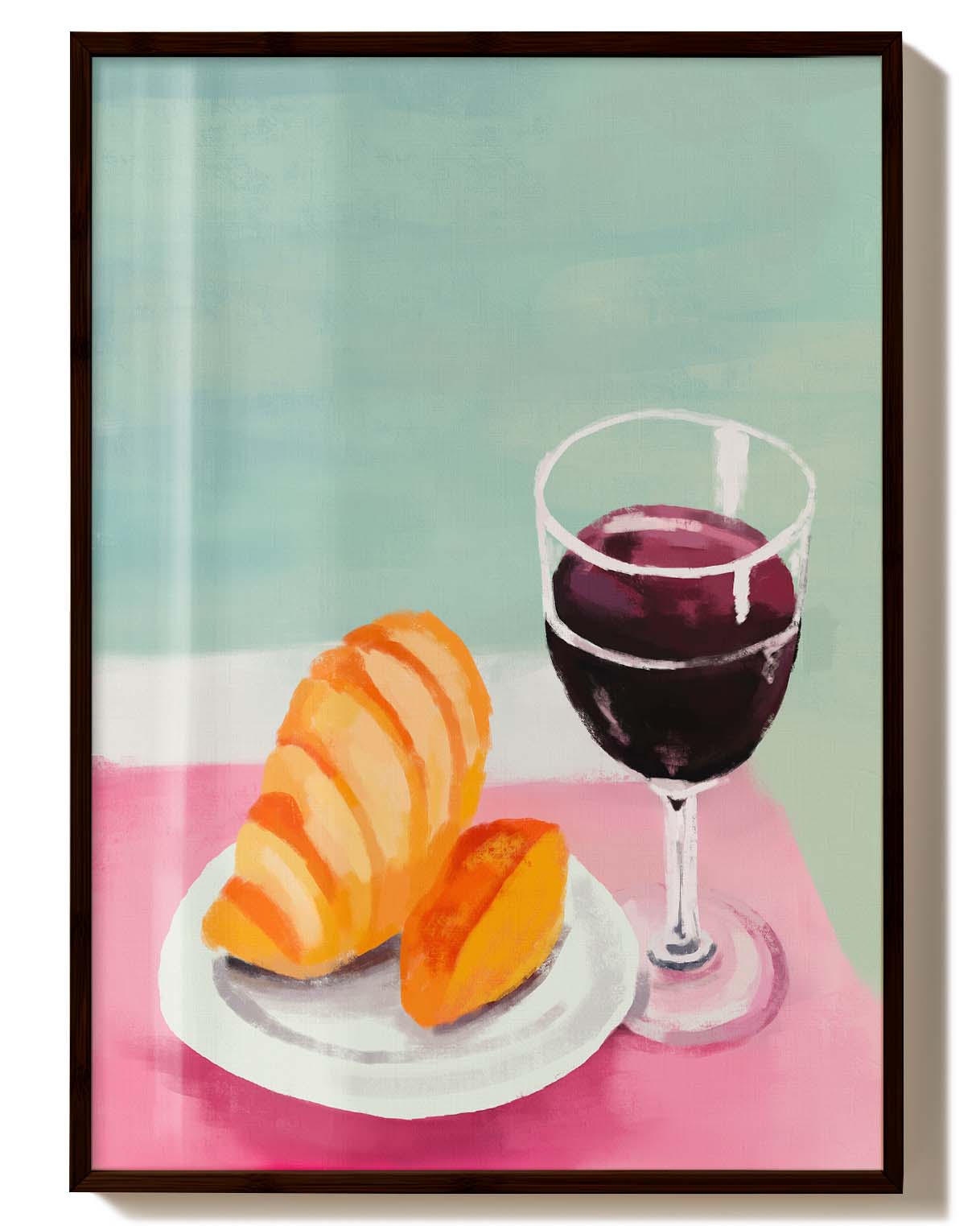 Croissant and Wine | Stillleben-Poster Poster – FineArt Wandbild, moderne Kunst & Fine Art Print von Spawnd, handgefertigt & Made in Germany