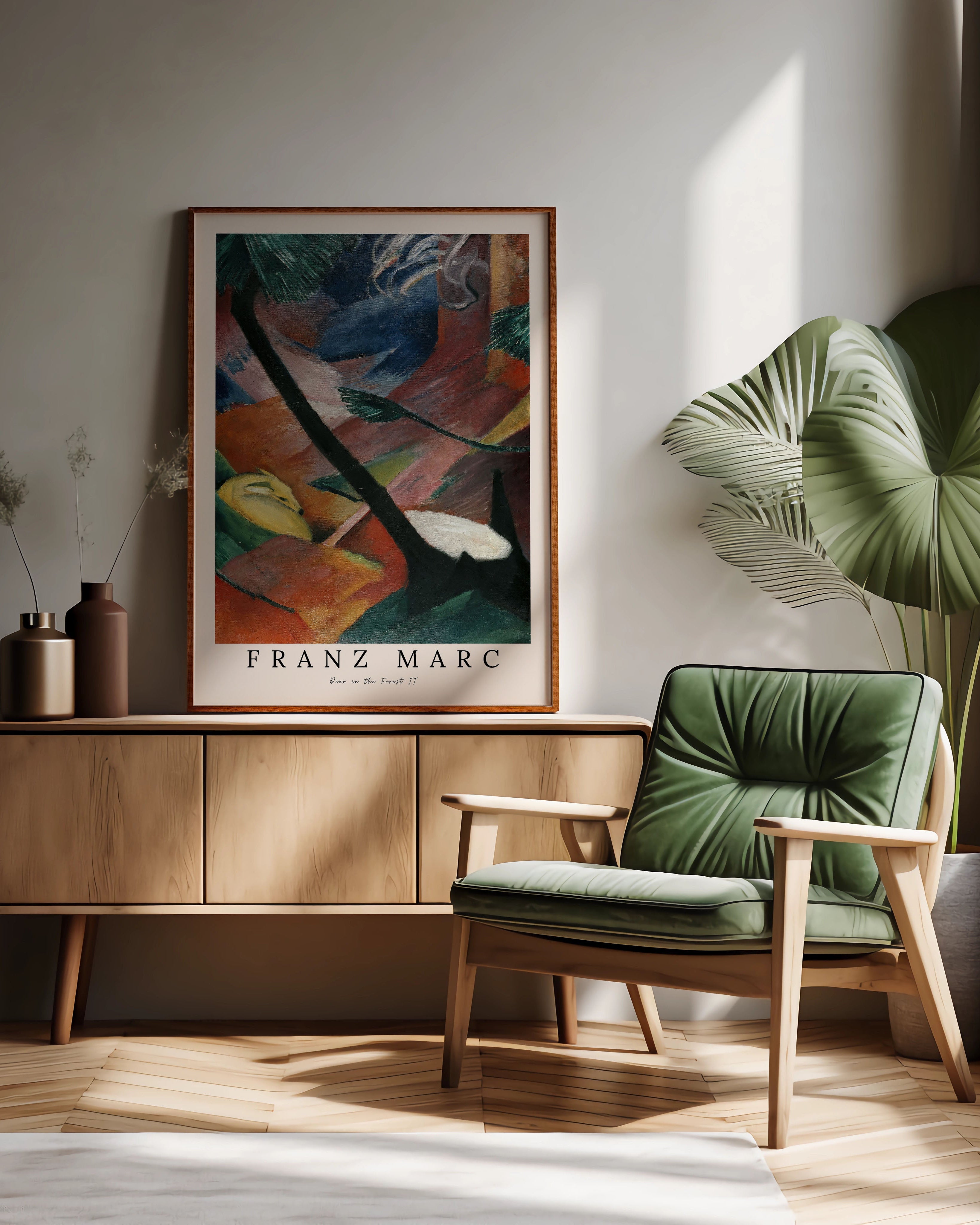 Deer in the Forest II Poster – FineArt Wandbild, moderne Kunst & Fine Art Print von Spawnd, handgefertigt & Made in Germany