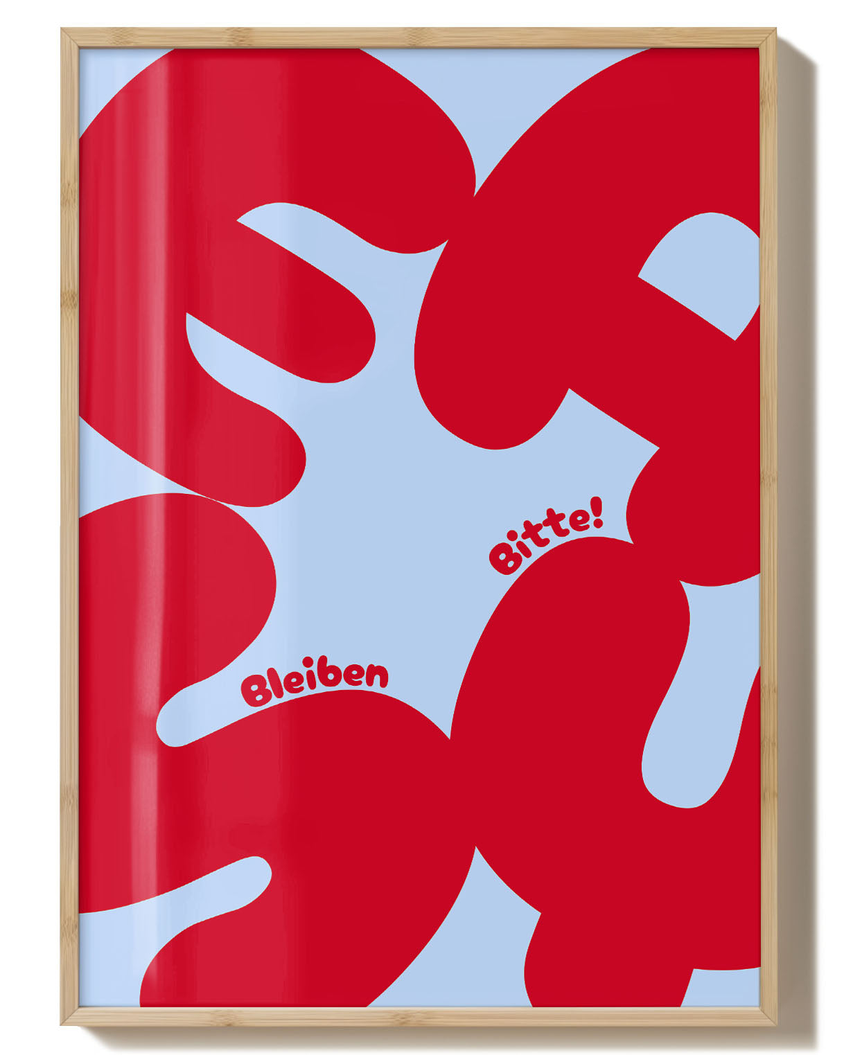 Easy | Typografie Poster – Spawnd® mit roten Formen im hellen Holzrahmen, farbenfrohes Design für kreative Wohn- und Arbeitsräume.