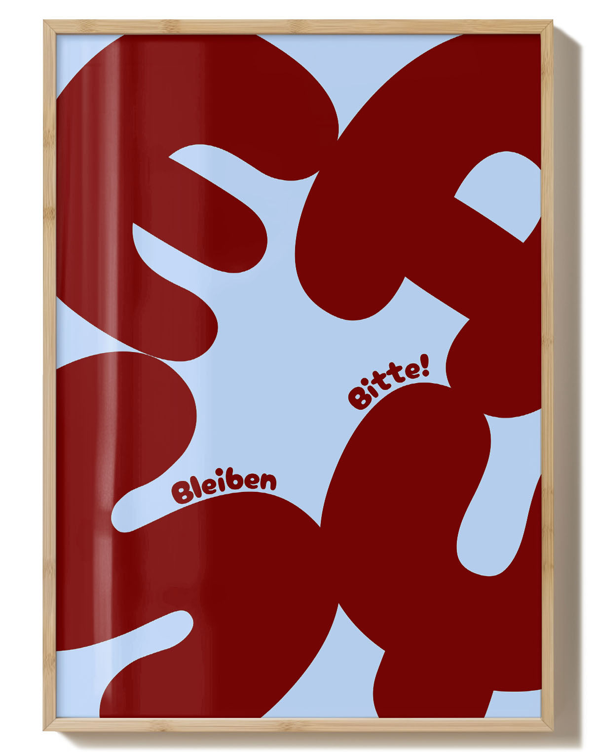 Easy | Typografie Poster – Spawnd® mit roten abstrakten Formen auf hellblauem Hintergrund, Text 'Bleiben Bitte!' in modernem Design.