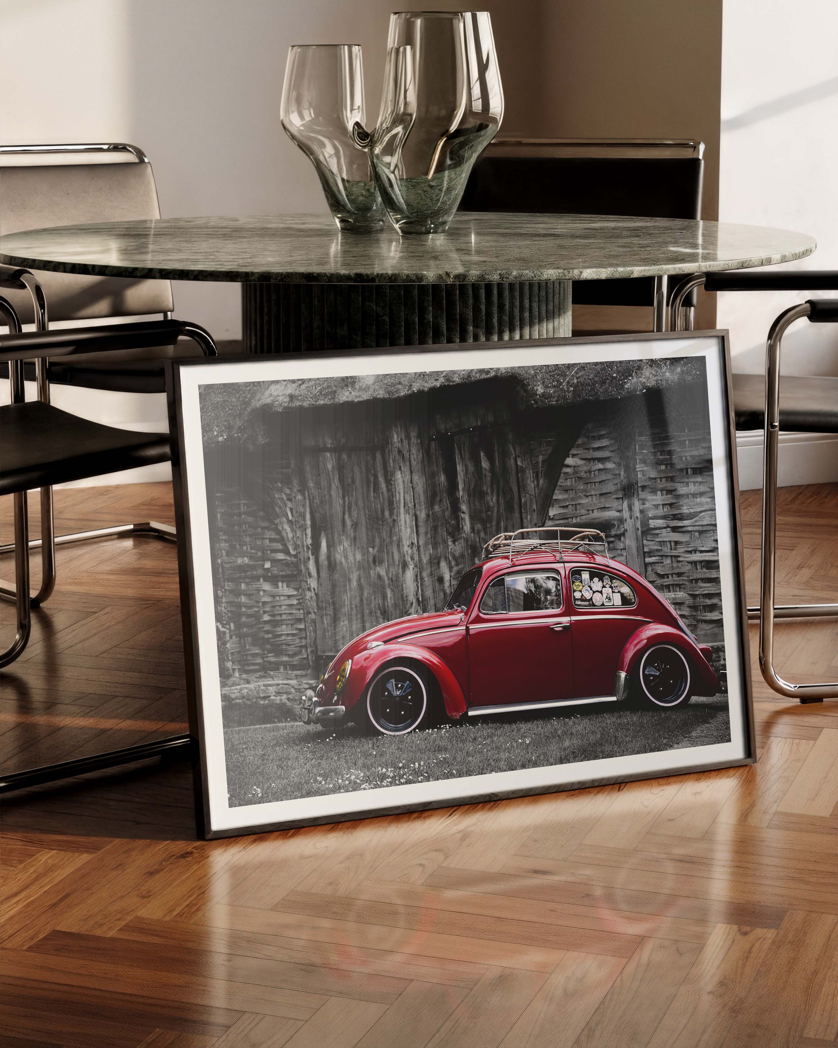 Red old beetle Poster – FineArt Wandbild, moderne Kunst & Fine Art Print von Spawnd, handgefertigt & Made in Germany
