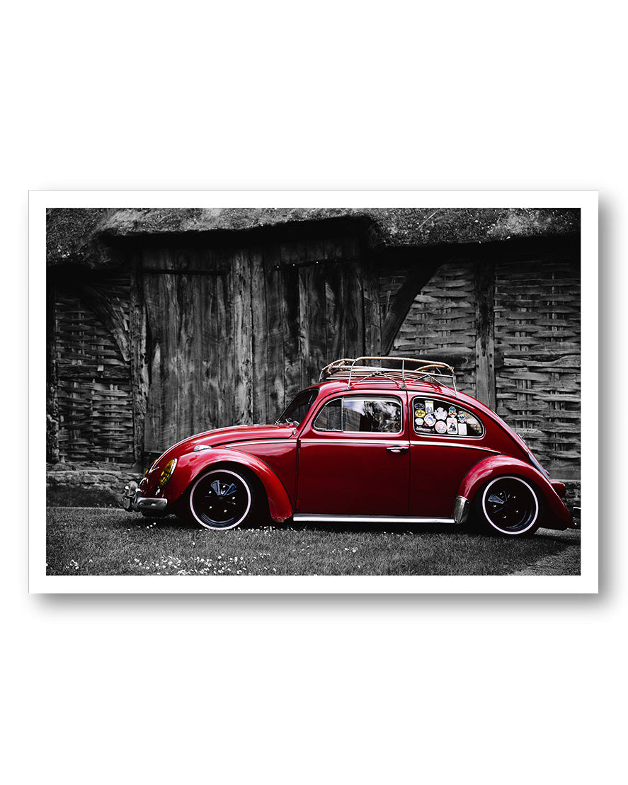 Red old beetle Poster – FineArt Wandbild, moderne Kunst & Fine Art Print von Spawnd, handgefertigt & Made in Germany