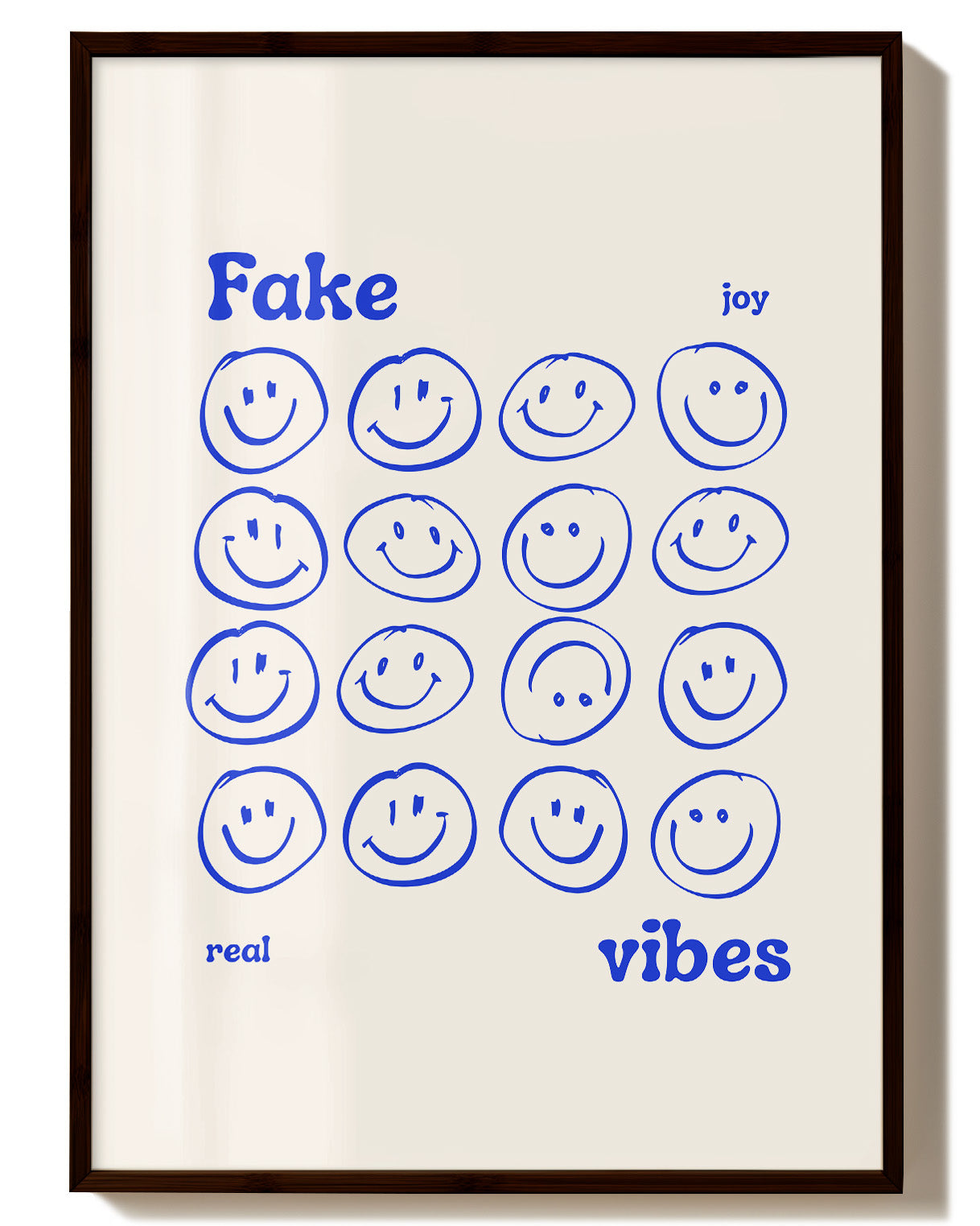Smile - Illustration Poster für fröhliche Raumgestaltung mit handgezeichneten blauen Smileys auf cremefarbenem Hintergrund. Minimalistisches FineArt-Poster mit positiver Botschaft für moderne Wohnräume.