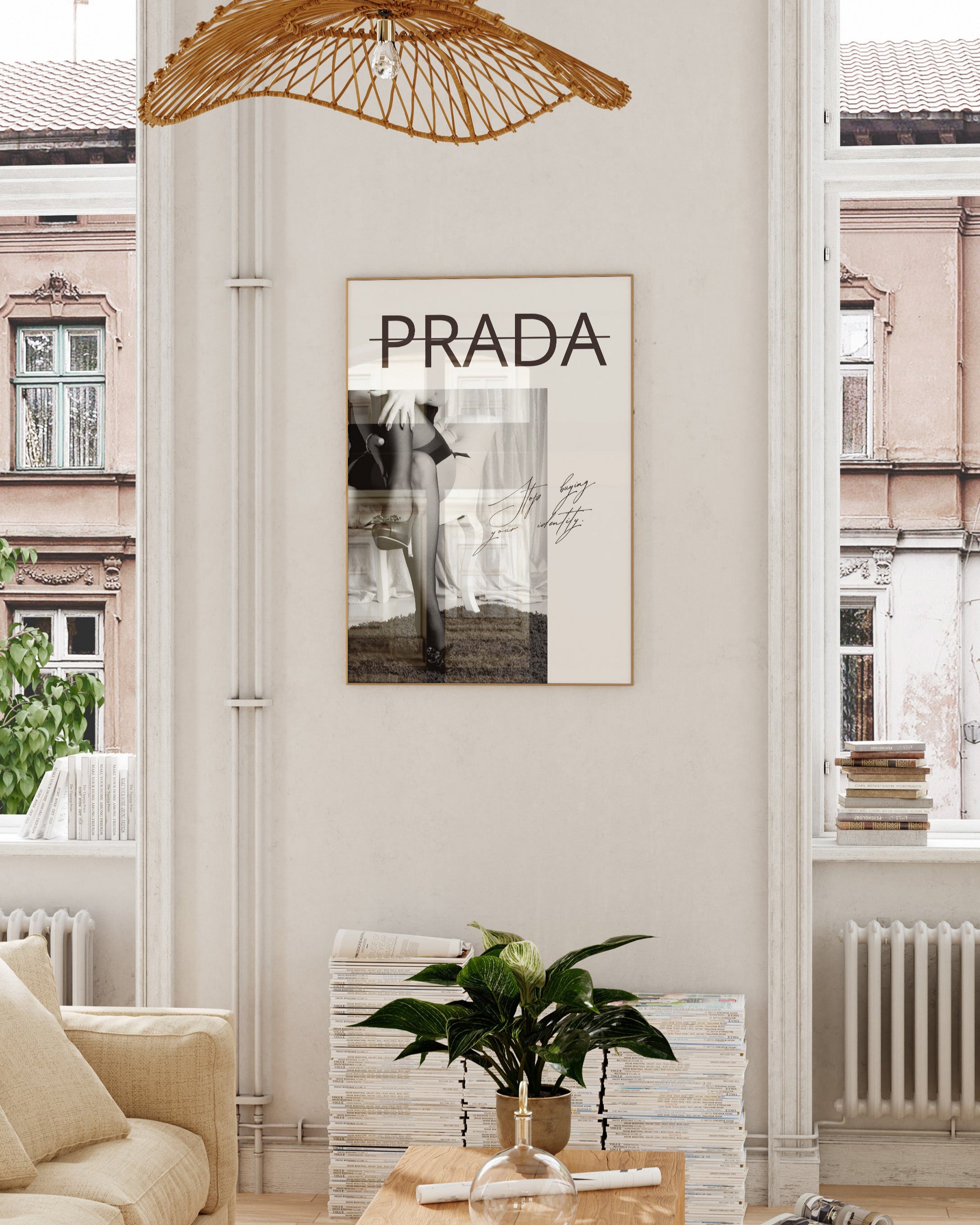 Stop buying your identity Poster – FineArt Wandbild, moderne Kunst & Fine Art Print von Spawnd, handgefertigt & Made in Germany