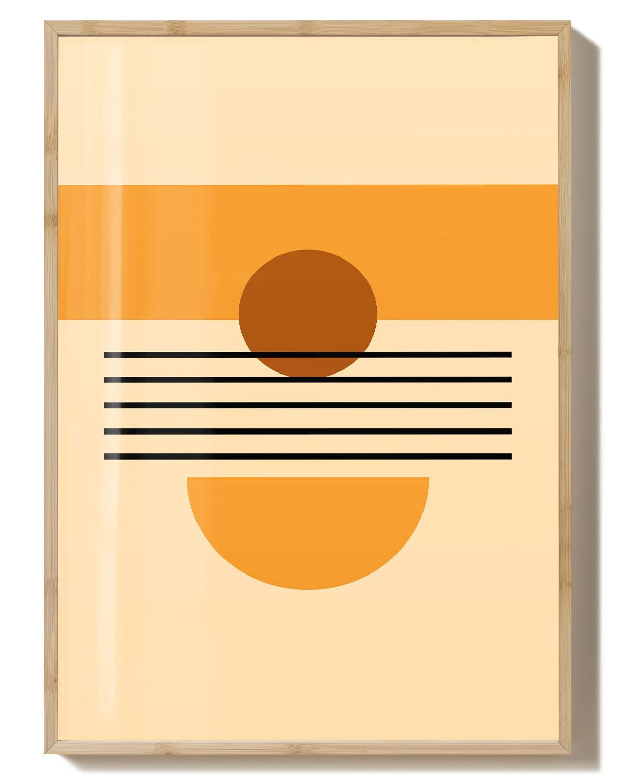 Sunset Geometry Poster Poster – FineArt Wandbild, moderne Kunst & Fine Art Print von Spawnd, handgefertigt & Made in Germany- hellbrauner Rahmen