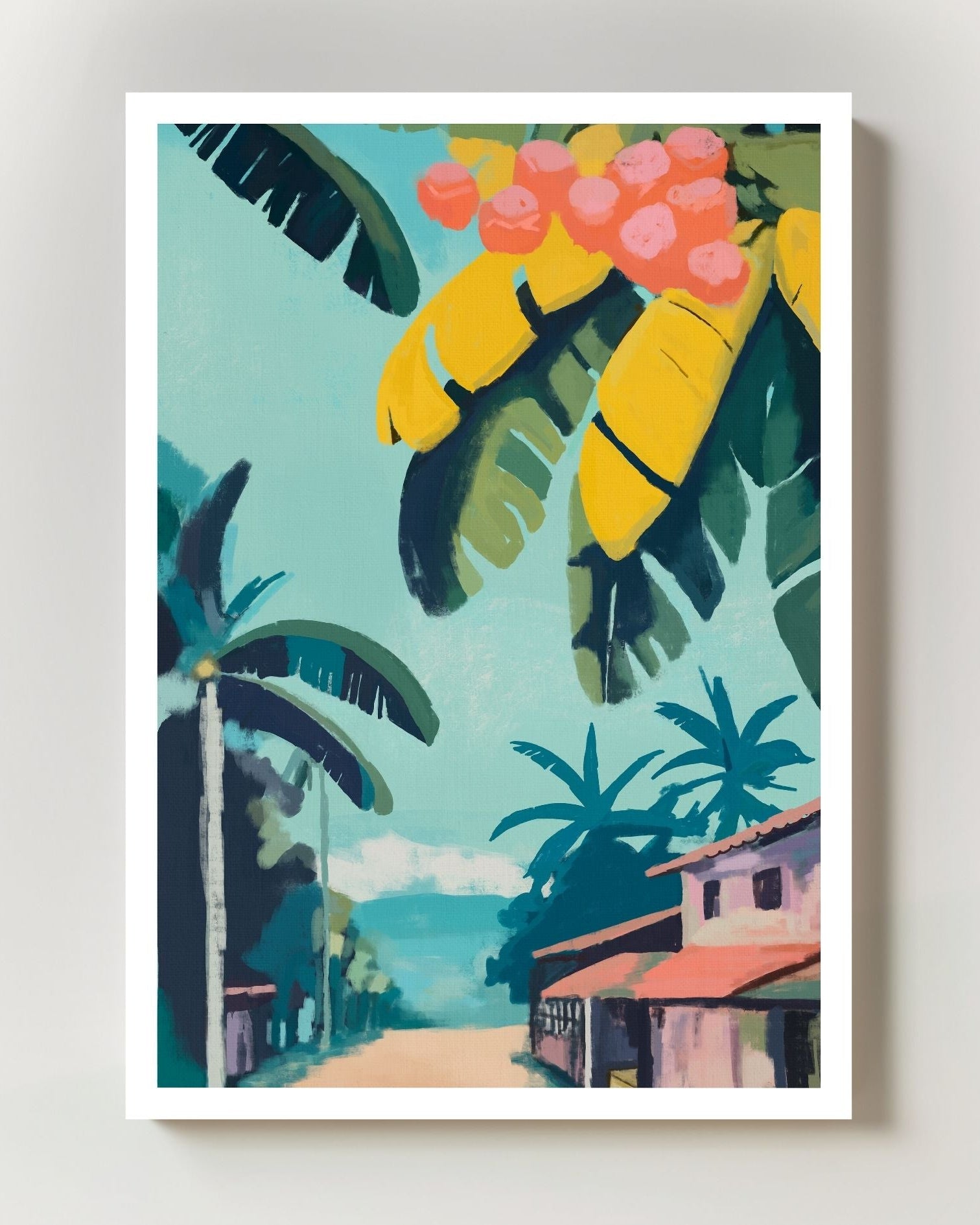 Tropical Village Morning Poster – FineArt Wandbild, moderne Kunst & Fine Art Print von Spawnd, handgefertigt & Made in Germany