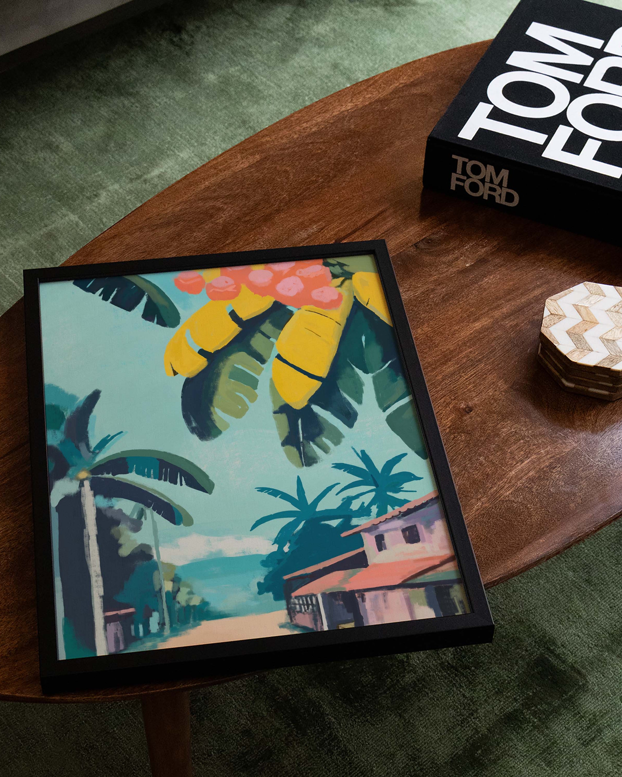Tropical Village Morning Poster – FineArt Wandbild, moderne Kunst & Fine Art Print von Spawnd, handgefertigt & Made in Germany