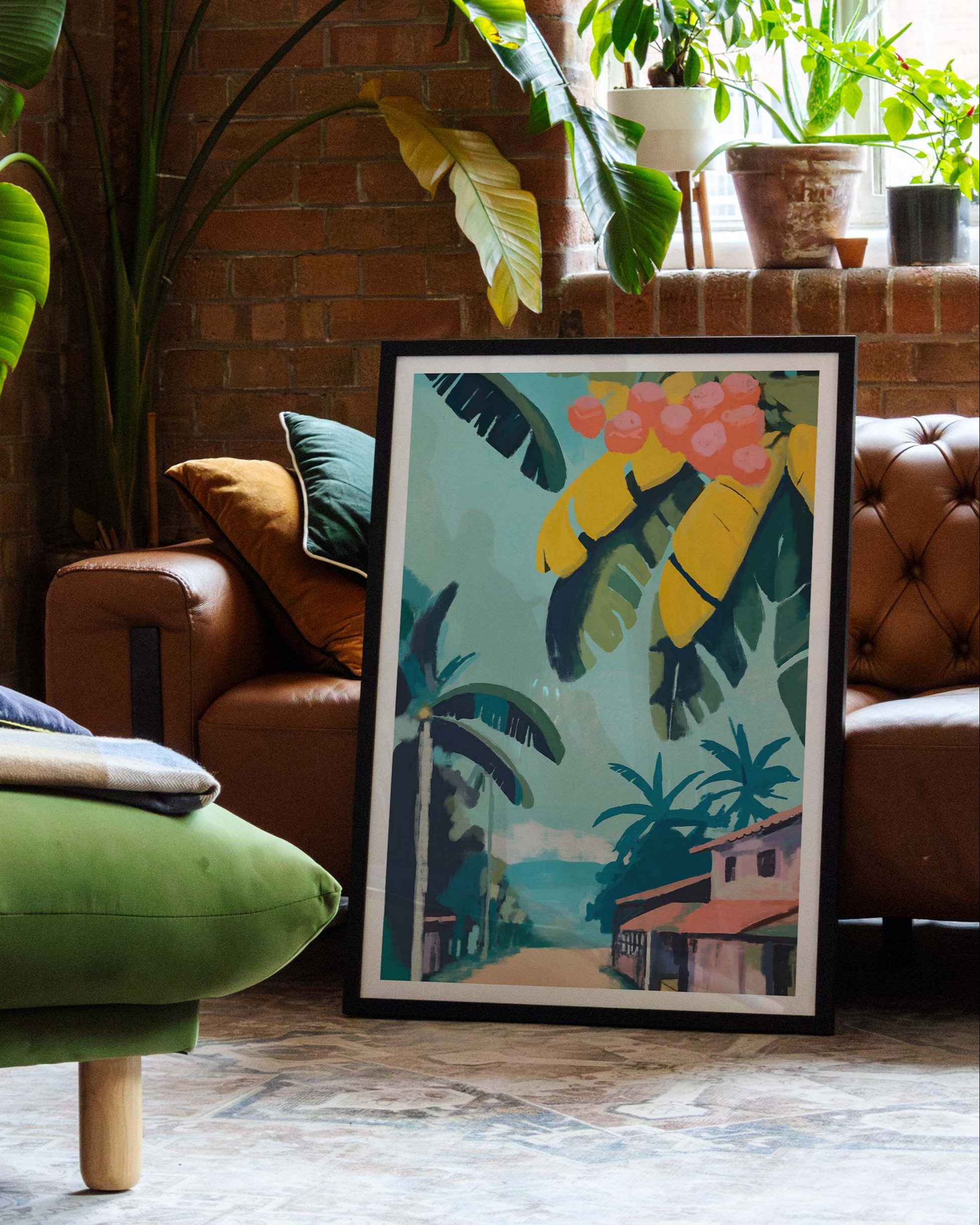 Tropical Village Morning Poster – FineArt Wandbild, moderne Kunst & Fine Art Print von Spawnd, handgefertigt & Made in Germany