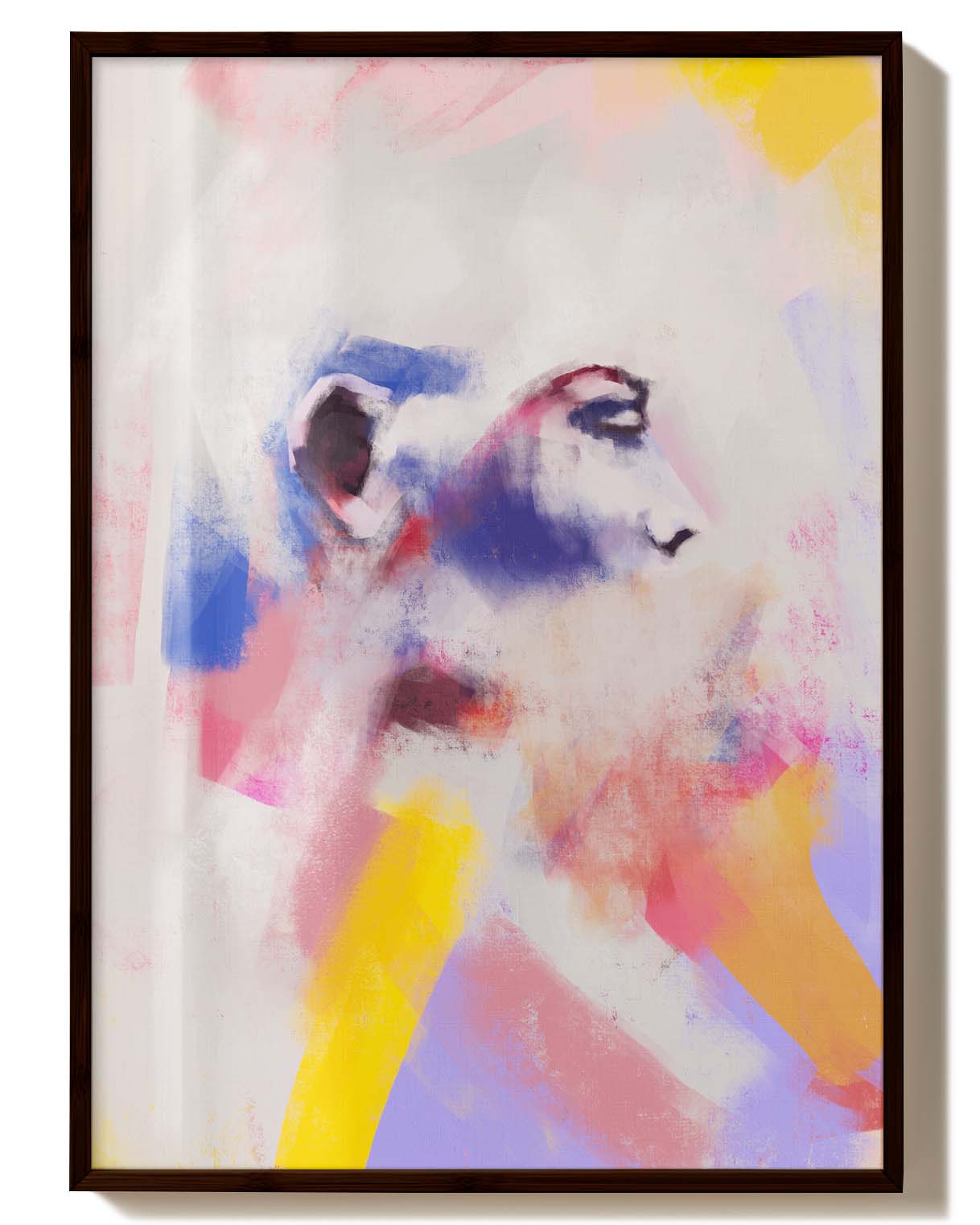 Undercover | Modern Art Poster – Spawnd® in dunklem Holzrahmen mit pastellfarbenem Porträt und abstrakten Farbakzenten in Gelb, Rosa und Blau.