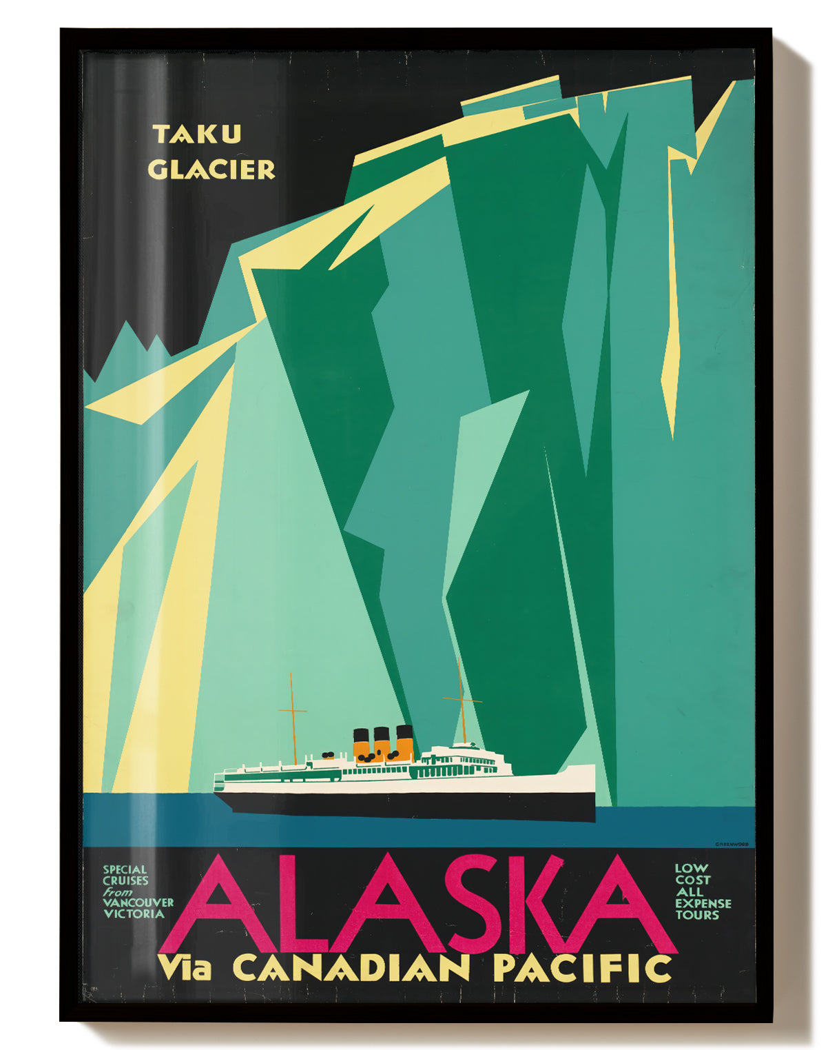 Vintage Alaska Taku Glacier Poster – Alaska via Canadian Pacific Poster – FineArt Wandbild, moderne Kunst & Fine Art Print von Spawnd, handgefertigt & Made in Germany