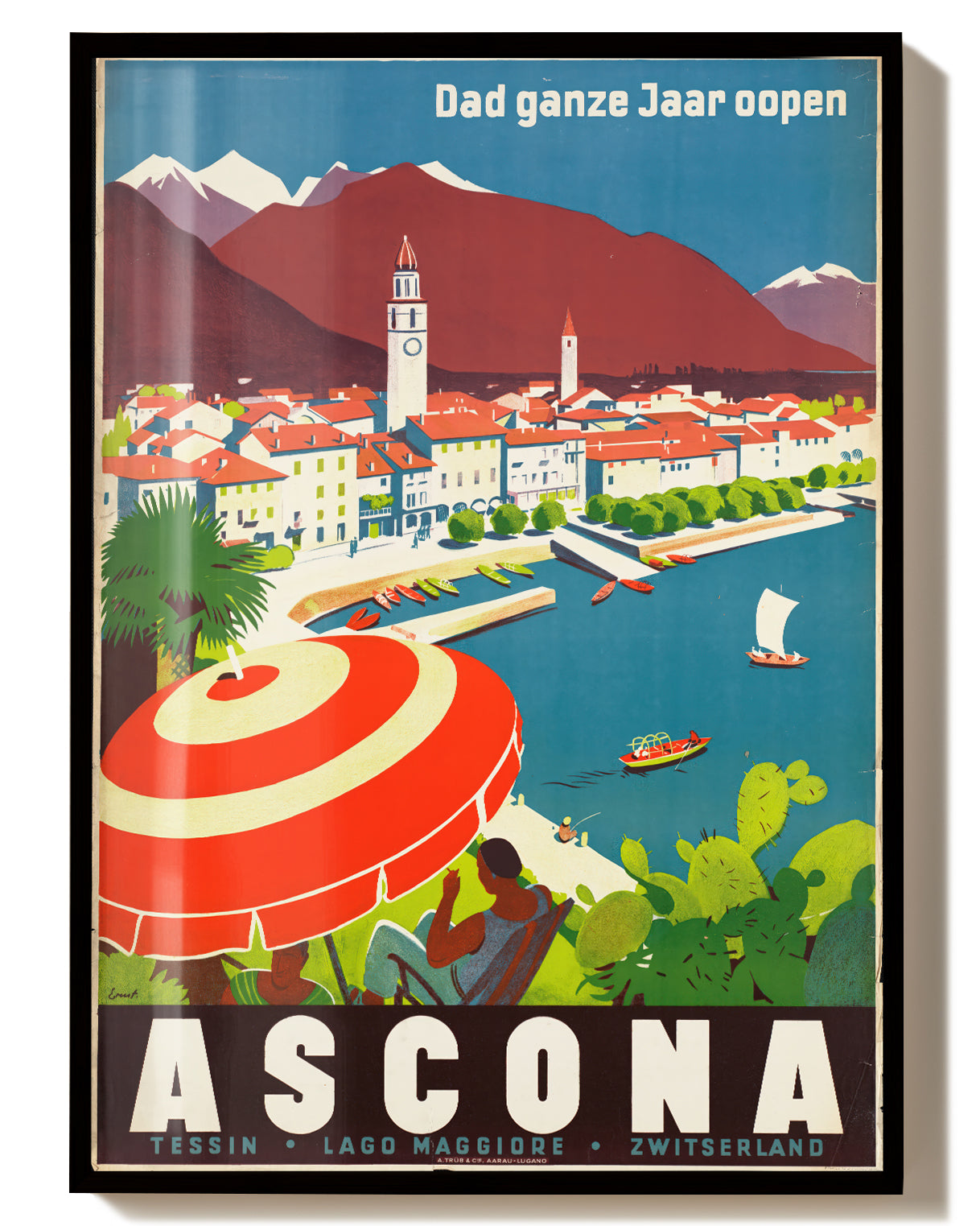 Vintage Ascona Reiseplakat – Lago Maggiore Schweiz Poster – FineArt Wandbild, moderne Kunst & Fine Art Print von Spawnd, handgefertigt & Made in Germany