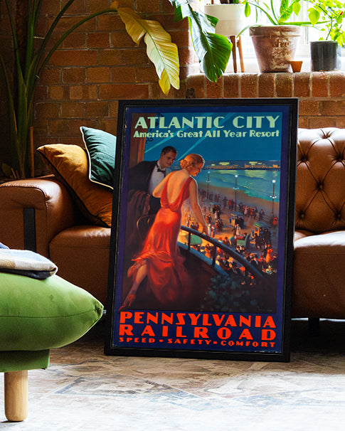 Vintage Atlantic City Reiseplakat – Pennsylvania Railroad Poster – FineArt Wandbild, moderne Kunst & Fine Art Print von Spawnd, handgefertigt & Made in Germany