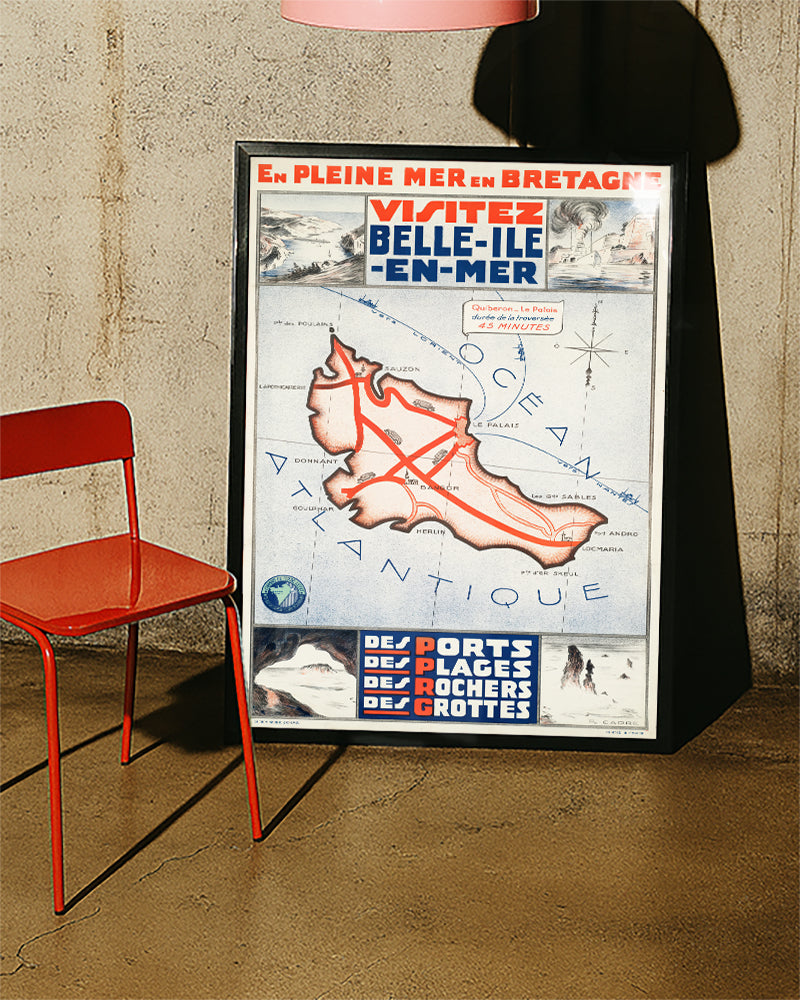 Vintage Bretagne Insel Poster mit Karte – Belle Ile en Mer Poster – FineArt Wandbild, moderne Kunst & Fine Art Print von Spawnd, handgefertigt & Made in Germany