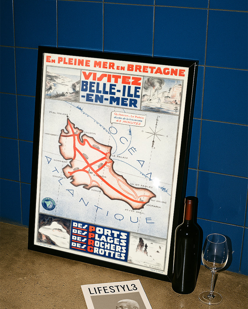 Vintage Bretagne Insel Poster mit Karte – Belle Ile en Mer Poster – FineArt Wandbild, moderne Kunst & Fine Art Print von Spawnd, handgefertigt & Made in Germany