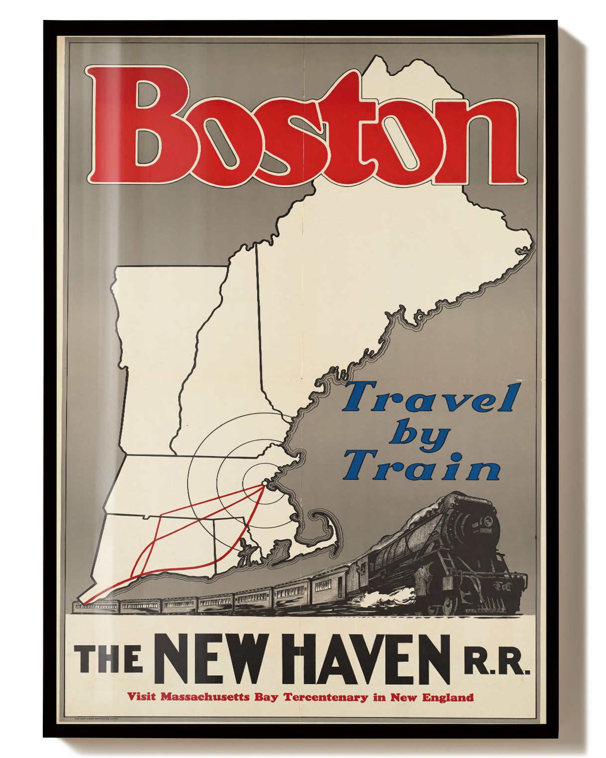 Vintage Boston Reise Poster – Travel by Train New Haven Railroad Poster – FineArt Wandbild, moderne Kunst & Fine Art Print von Spawnd, handgefertigt & Made in Germany