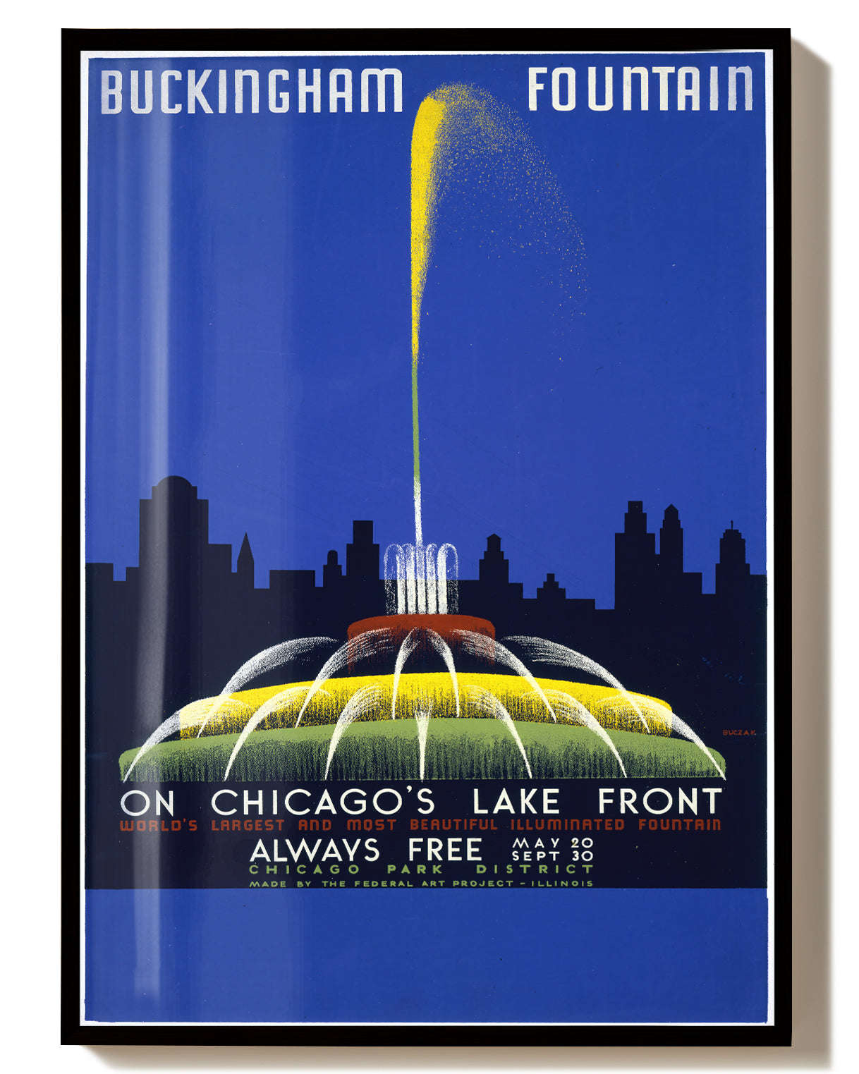Vintage Chicago Poster – Buckingham Fountain Lakefront Poster – FineArt Wandbild, moderne Kunst & Fine Art Print von Spawnd, handgefertigt & Made in Germany