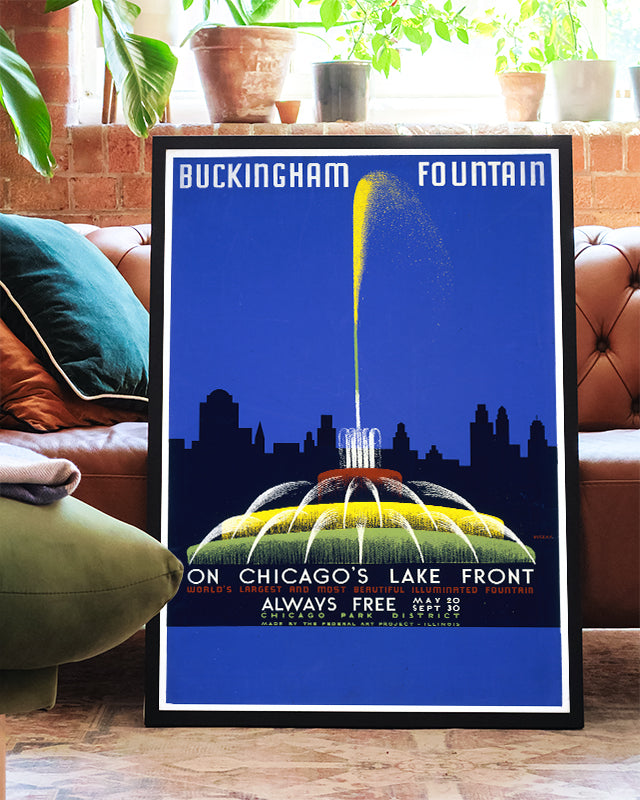 Vintage Chicago Poster – Buckingham Fountain Lakefront Poster – FineArt Wandbild, moderne Kunst & Fine Art Print von Spawnd, handgefertigt & Made in Germany
