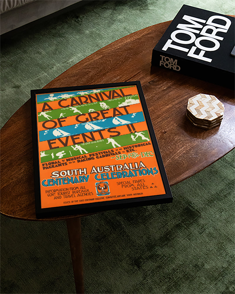 Vintage Australien Event Poster – South Australia Centenary Celebrations carival Poster – FineArt Wandbild, moderne Kunst & Fine Art Print von Spawnd, handgefertigt & Made in Germany