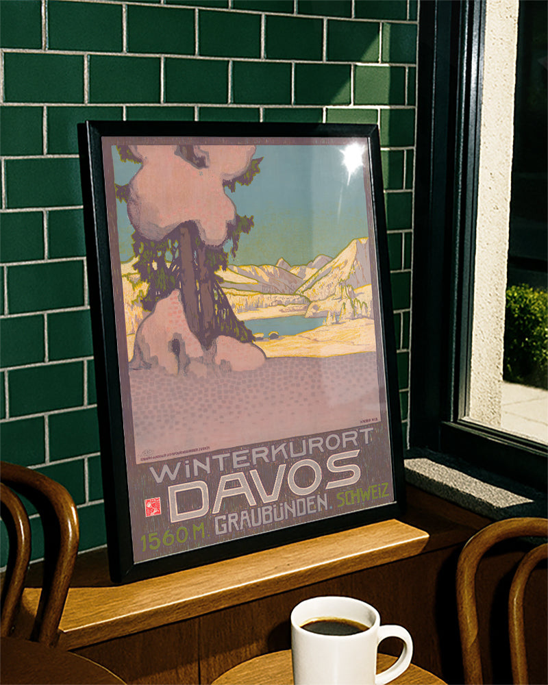 Vintage Davos Schweiz Winter Poster mit Alpen – Davos Winterkurort Poster – FineArt Wandbild, moderne Kunst & Fine Art Print von Spawnd, handgefertigt & Made in Germany