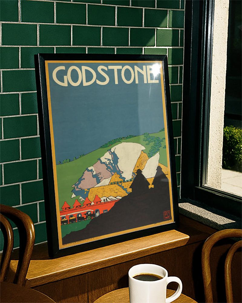 Vintage England Landschaft Poster mit Kreidefelsen – Godstone Poster – FineArt Wandbild, moderne Kunst & Fine Art Print von Spawnd, handgefertigt & Made in Germany