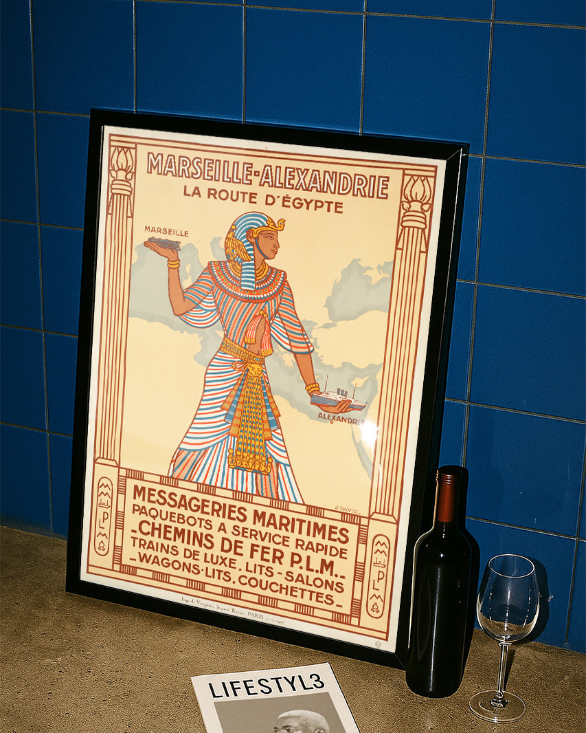 Vintage Ägypten Reiseroute Art Deco – Marseille Alexandrien Poster Poster – FineArt Wandbild, moderne Kunst & Fine Art Print von Spawnd, handgefertigt & Made in Germany