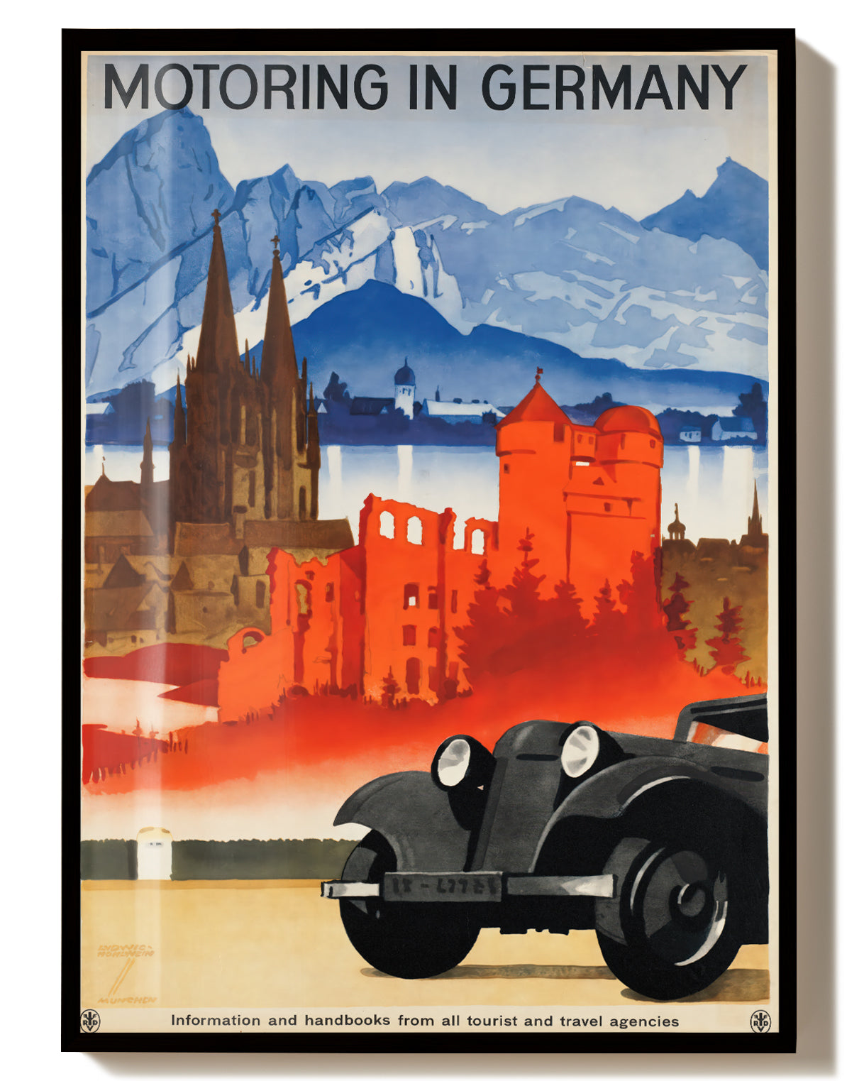Vintage Deutschland Poster – Motoring in Germany Alpen Poster – FineArt Wandbild, moderne Kunst & Fine Art Print von Spawnd, handgefertigt & Made in Germany