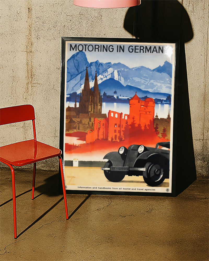 Vintage Deutschland Poster – Motoring in Germany Alpen Poster – FineArt Wandbild, moderne Kunst & Fine Art Print von Spawnd, handgefertigt & Made in Germany