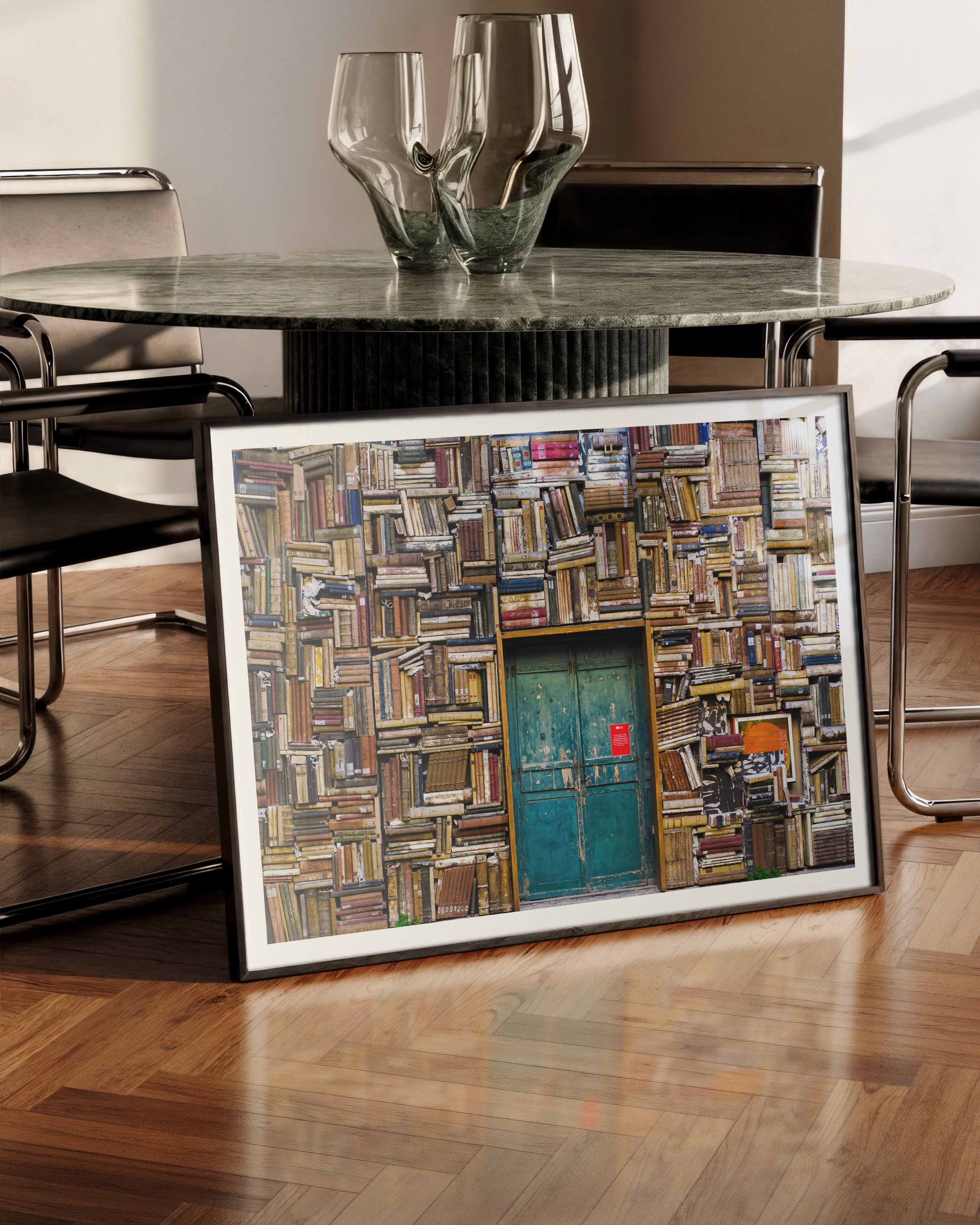Books in shelves Poster – FineArt Wandbild, moderne Kunst & Fine Art Print von Spawnd, handgefertigt & Made in Germany