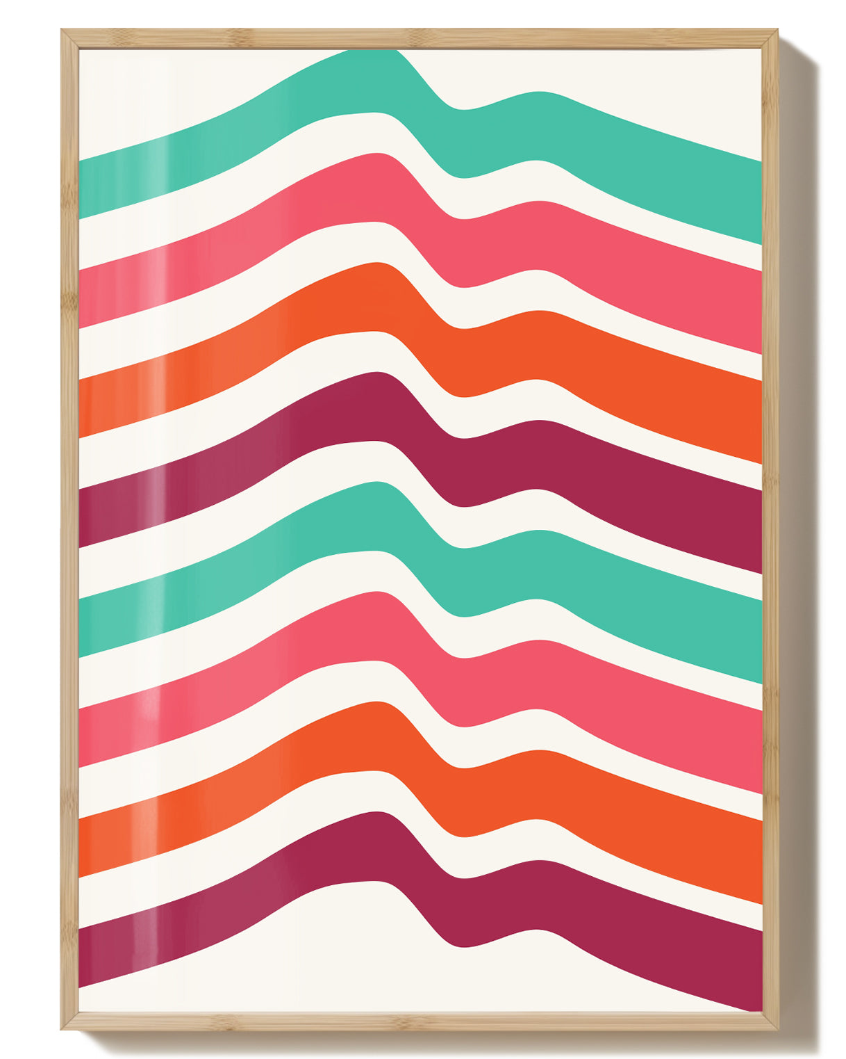 Color Waves Poster Poster – FineArt Wandbild, moderne Kunst & Fine Art Print von Spawnd, handgefertigt & Made in Germany- hellbrauner Rahmen