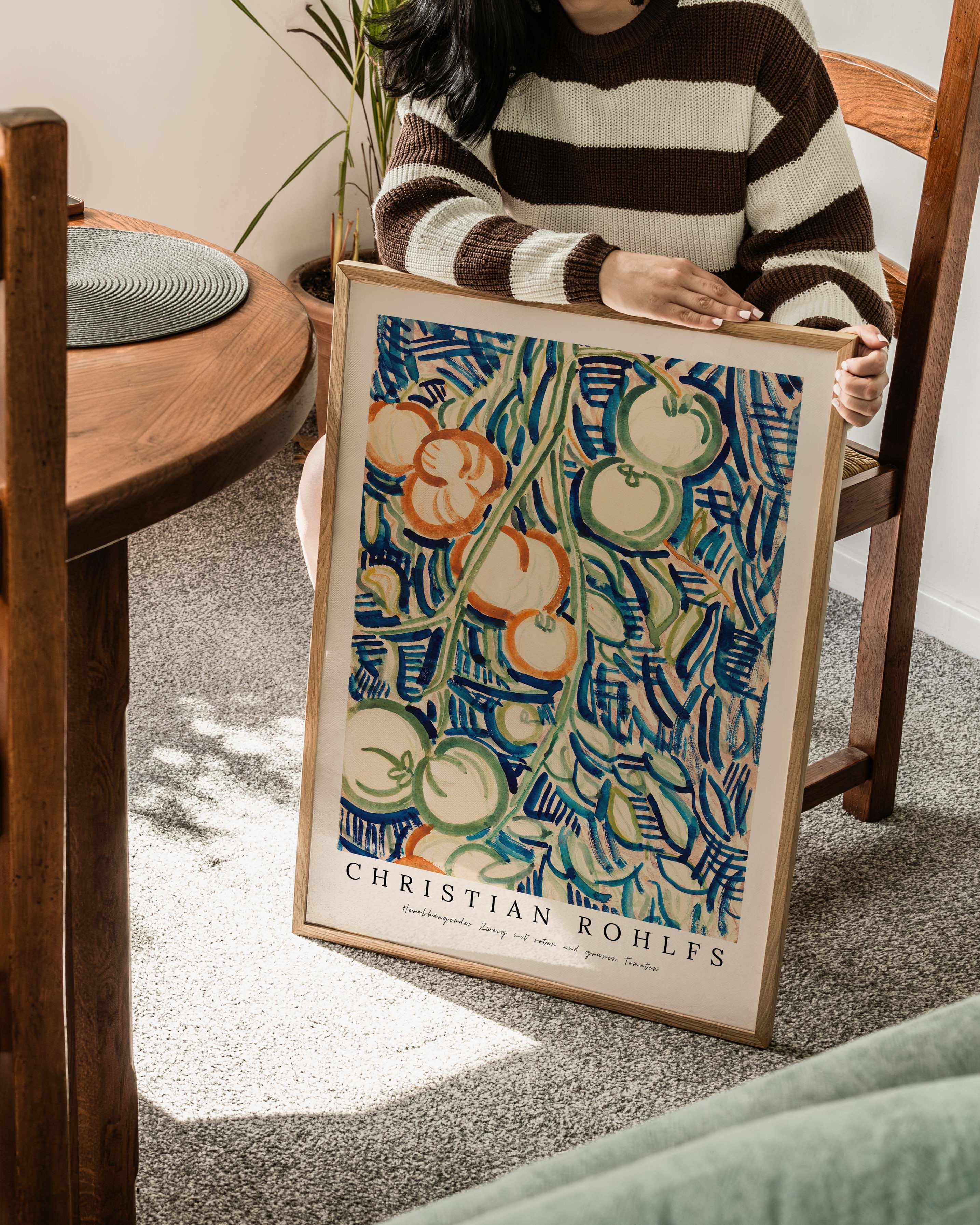 Herabhängender Zweig mit roten und grünen Tomaten Poster – FineArt Wandbild, moderne Kunst & Fine Art Print von Spawnd, handgefertigt & Made in Germany