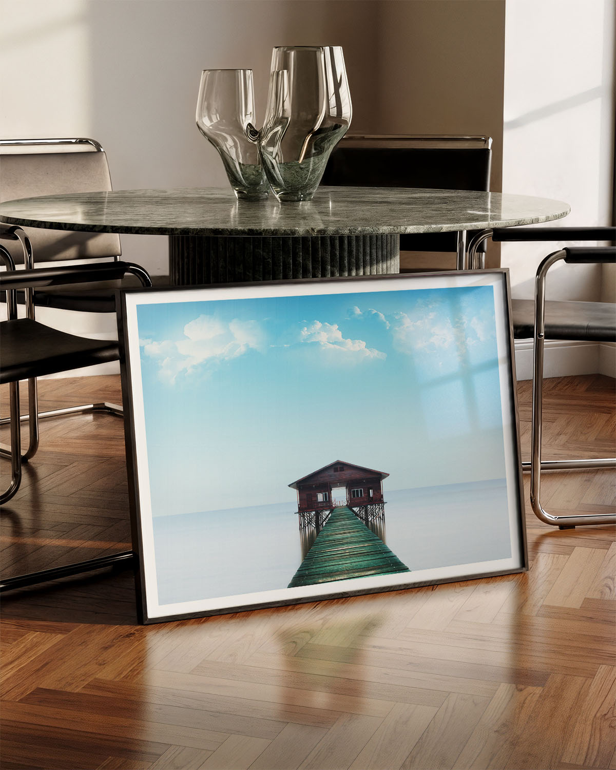 House in the ocean Poster – FineArt Wandbild, moderne Kunst & Fine Art Print von Spawnd, handgefertigt & Made in Germany