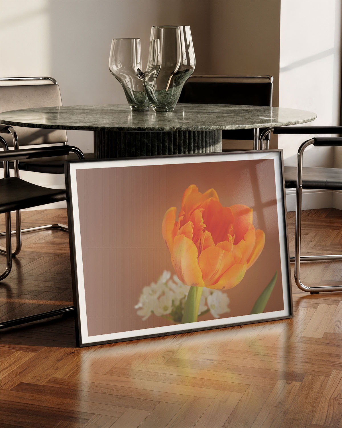 Orange flower Poster – FineArt Wandbild, moderne Kunst & Fine Art Print von Spawnd, handgefertigt & Made in Germany