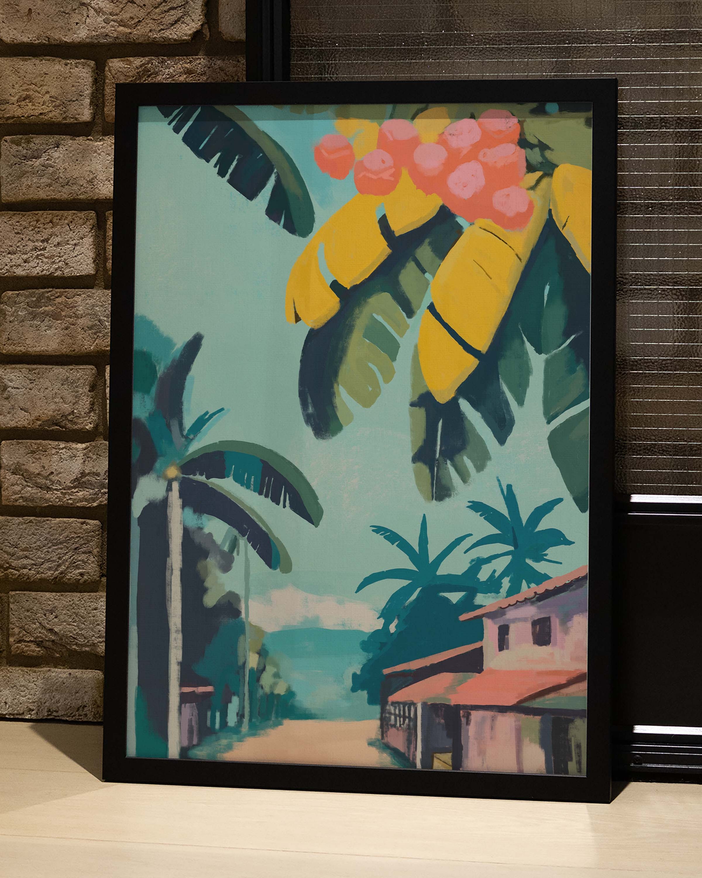 Tropical Village Morning Poster – FineArt Wandbild, moderne Kunst & Fine Art Print von Spawnd, handgefertigt & Made in Germany